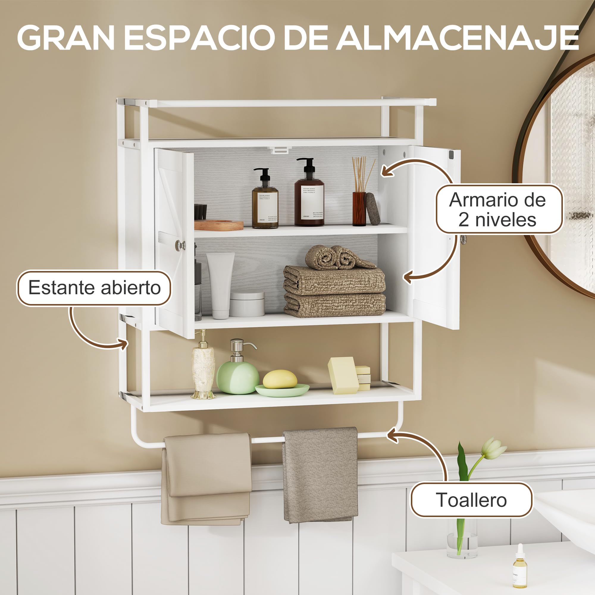 HOMCOM Armario de Pared para Baño Multiusos Armario Colgante de Almacenamiento Mueble de Baño Suspendido con Estante Toallero 2 Puertas 63x34x75 cm Blanco