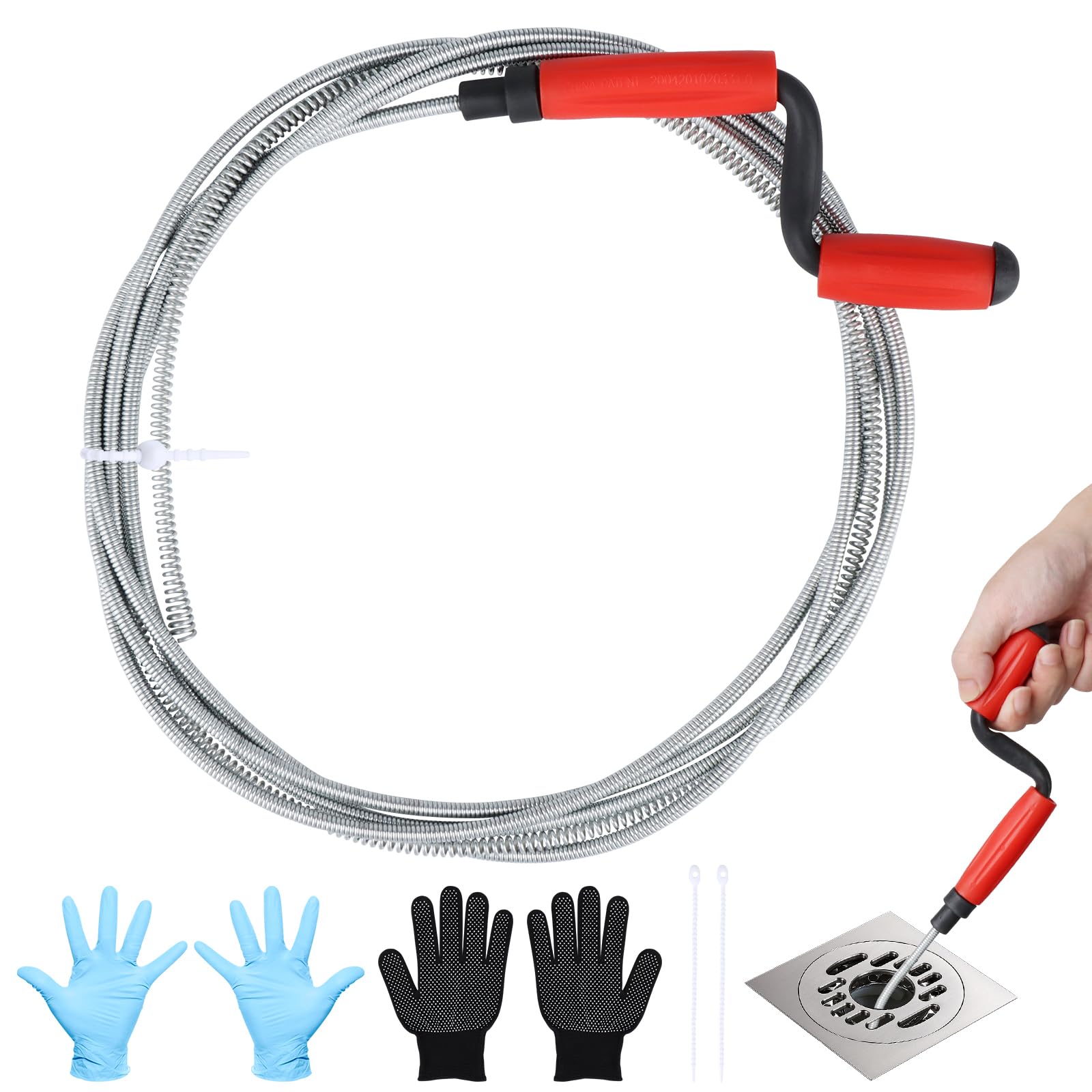 Vandicka Flexible Drain Auger Plumbing Snake 16.4 FT (5 M) & Waste Pipe Unblocker Tool for Sink and Toilet, Drain Cleaner & Clog Remover, Red Handle