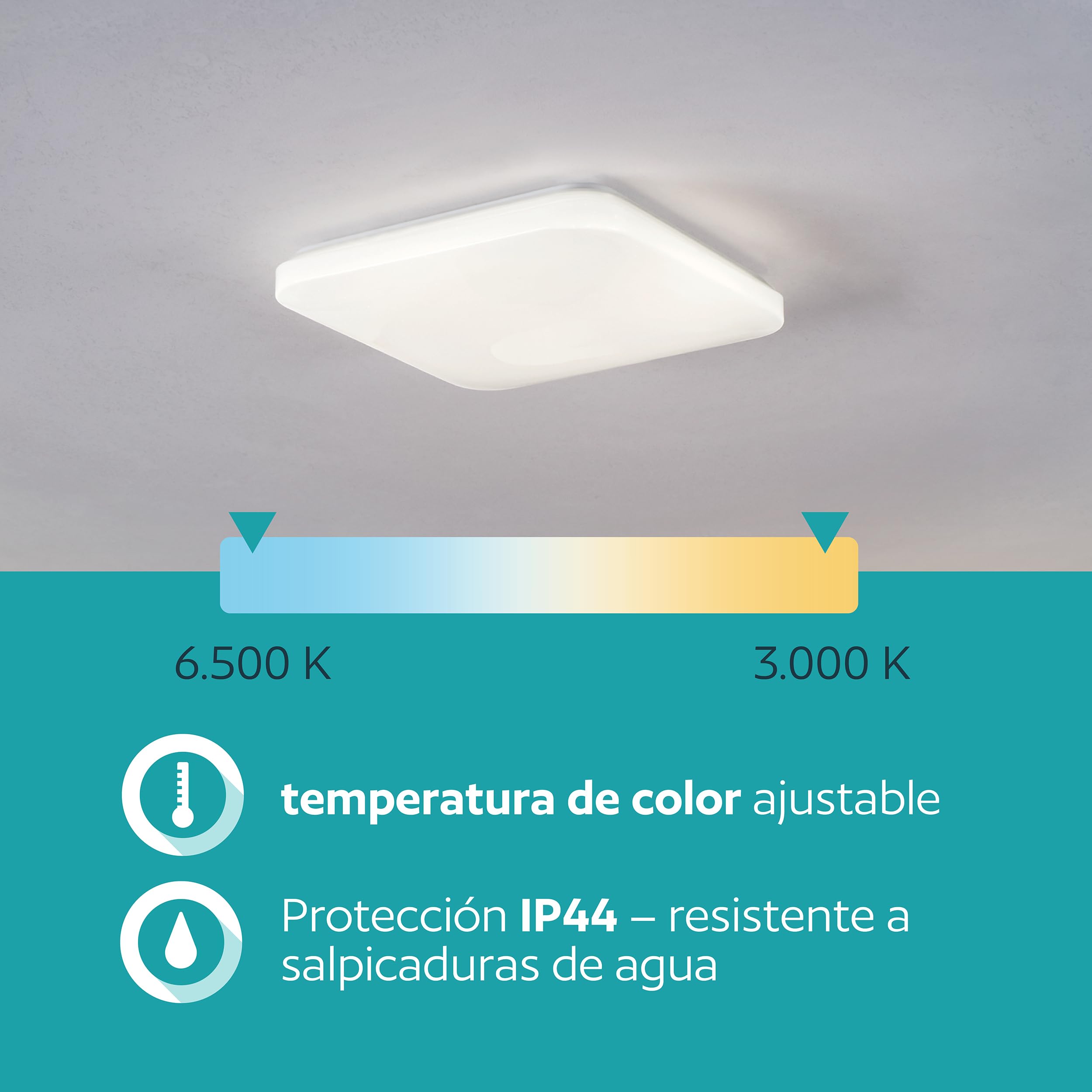 Eglo Frania-IP Lámpara de techo LED, para baño, fabricada en metal y plástico de color blanco, con luz blanca cálida, neutra y fría, protección IP44 y unas medidas de 33 × cm