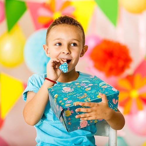 Miniatura 5 de NEPOG Papel de regalo de cumpleaños con temática oceánica para niños, niñas y niños, 6 hojas de papel de regalo con diseño costero bajo el agua, 20
