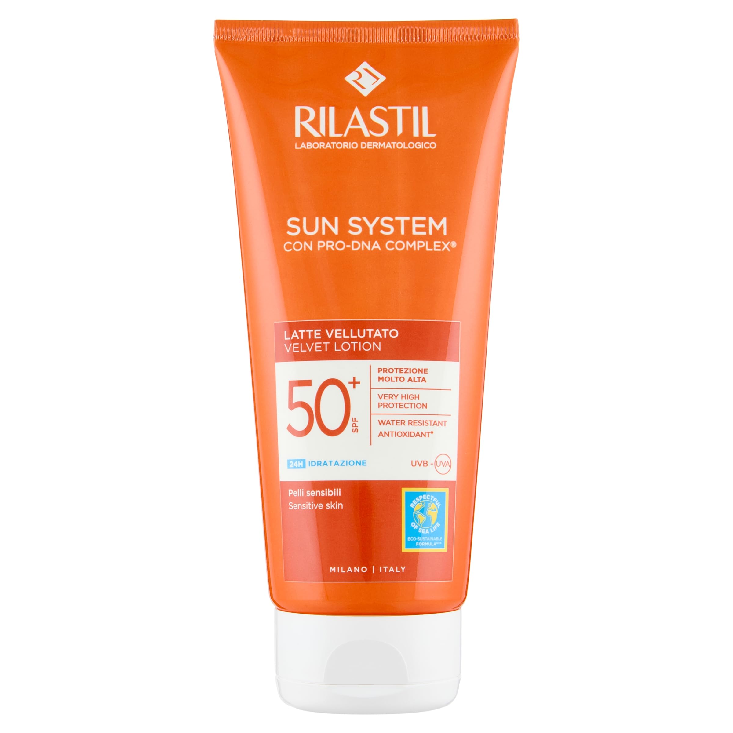 Rilastil Sun System Latte Vellutato, Emulsione Fluida dalla Texture Vellutata per Pelli Sensibili, Resistente all'Acqua, SPF 50+, 200ml