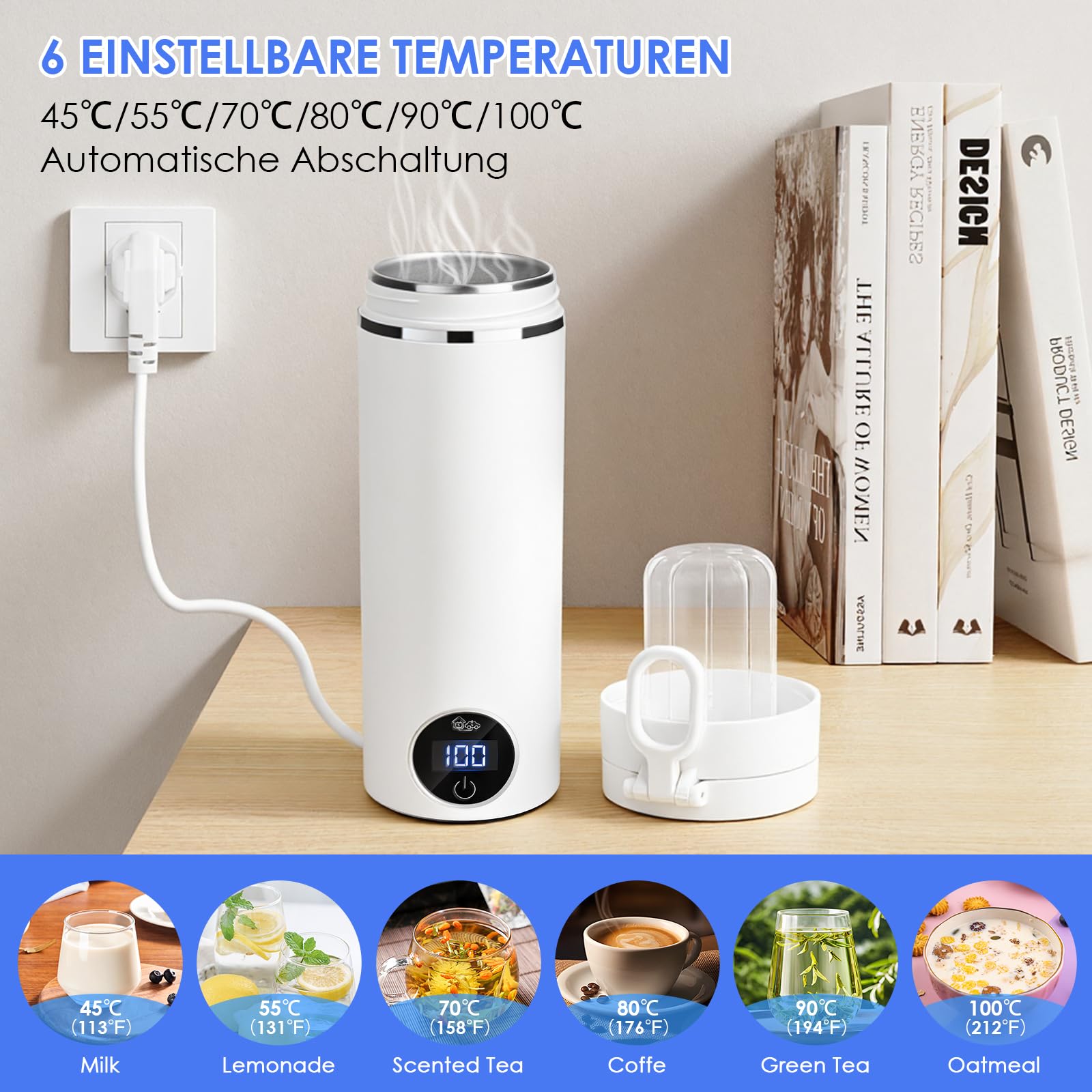 Przenośny podróżny czajnik elektryczny, 450 ml kocioł na gorącą wodę, 4 regulatory temperatury, automatyczne wyłączanie i gotowanie na sucho ze stali nierdzewnej 316