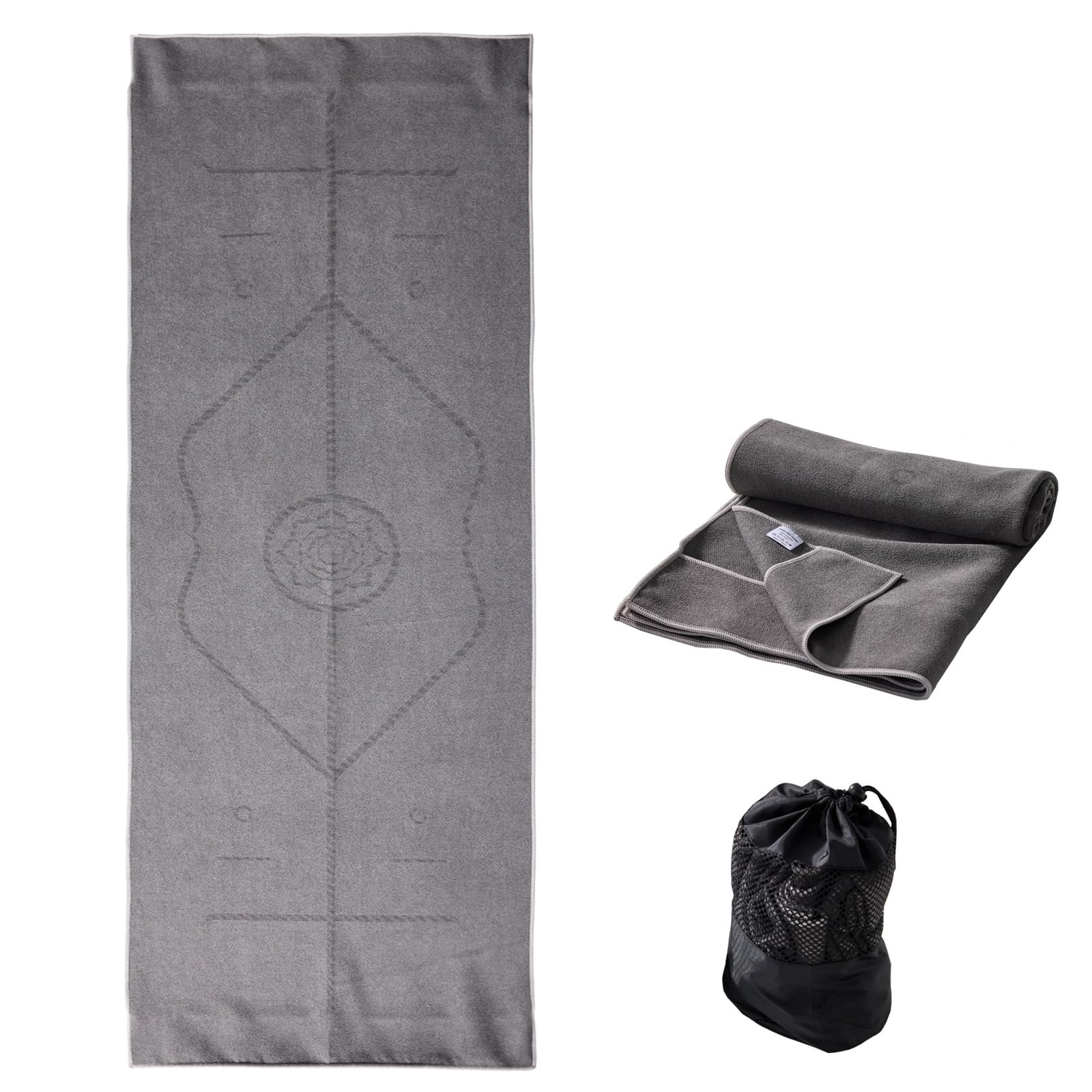 RYTMAT Yoga Mat Towel with Alignment Lines, 72''x24'' Non Slip Pilates Towel with Carrying Bag, Sweat-Wicking and Quick-Drying Exercise Mat Towels Suit for Hot Yoga, Pilates and Fitness (Dark Grey)