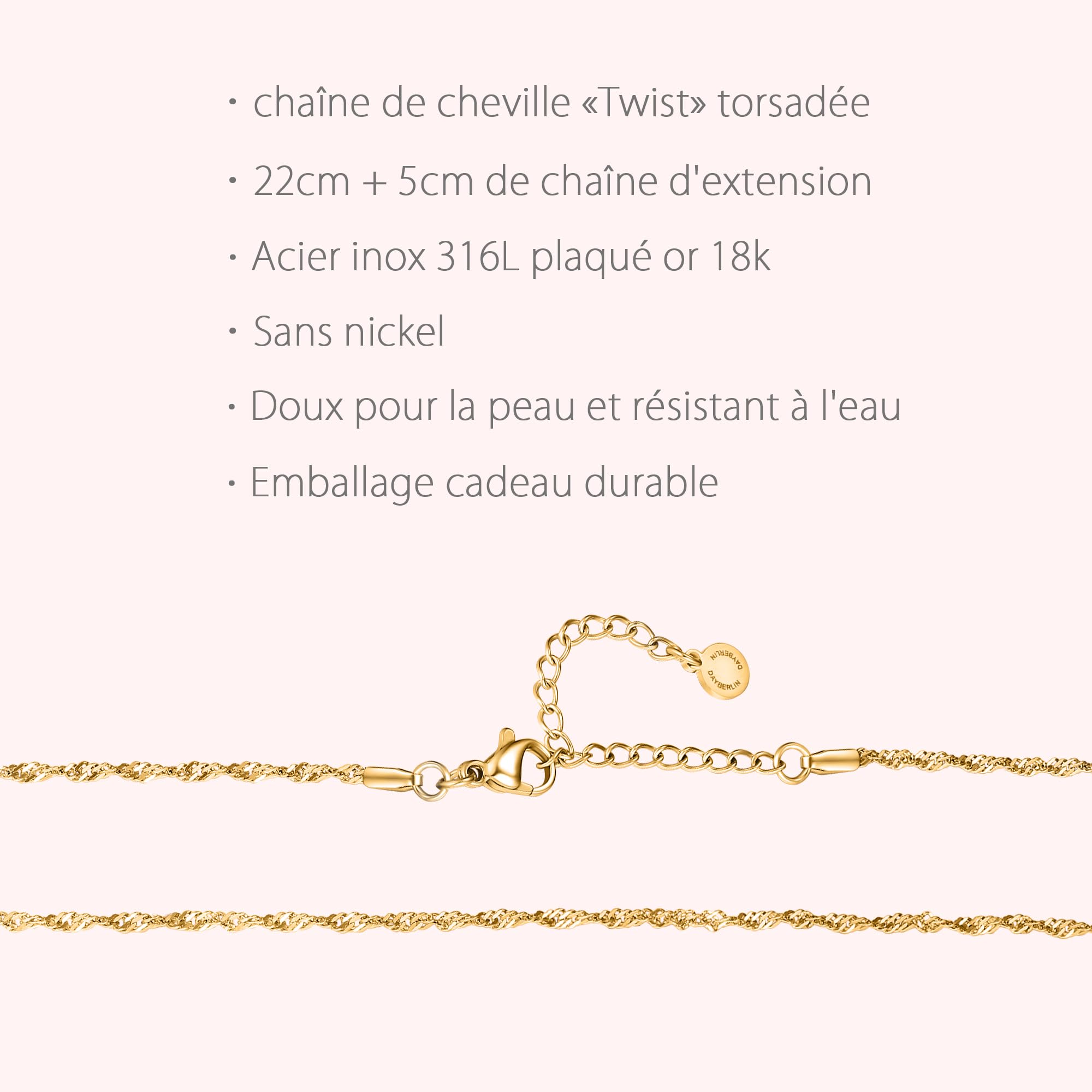 day.berlin Chaîne de cheville Twist pour dames, dorée à l'or fin 18k, chaîne de cheville torsadée 22cm + 5cm, longueur variable en acier inoxydable 316L, sans nickel et résistant à l'eau