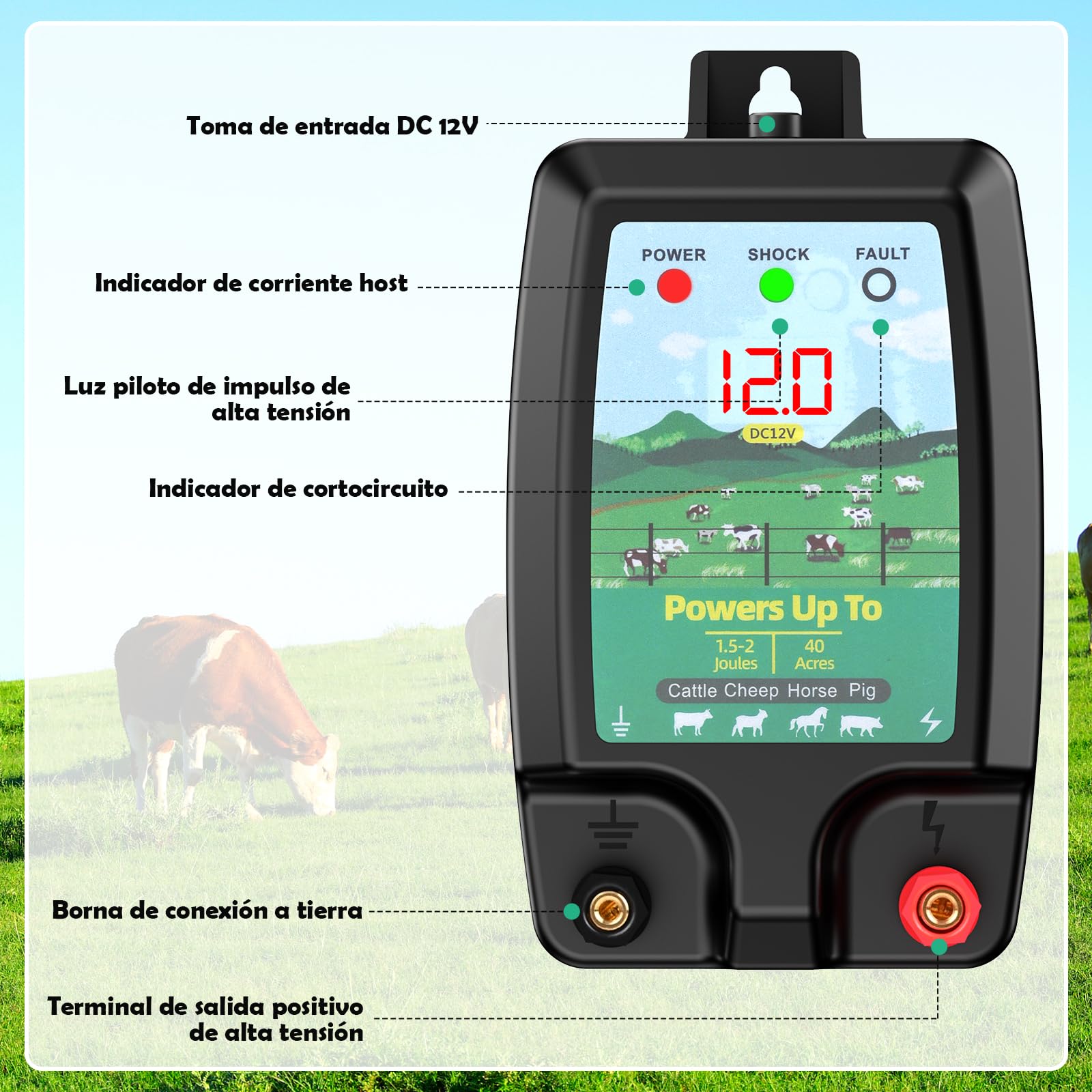 Valla eléctrica de 10 km de alta potencia para animales, electrificador 2J profesional con pantalla LCD, sistema impermeable resistente para granja, jardín y pasto