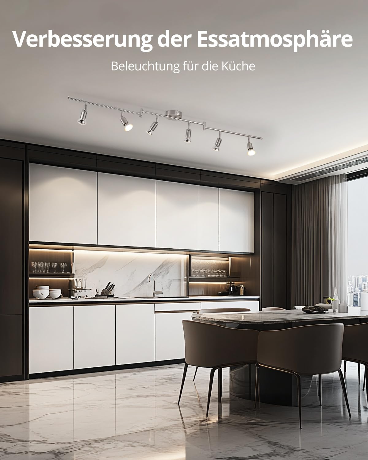 BOJIM Drehbare Küchendeckenleuchte, verstellbare Schlafzimmerstrahler, Nickel LED Schienenbeleuchtung, 6 Wege Deckenlampe innen, 6 GU10 Glühbirnen, 6W 4000K für Wohnzimmer, Fitnessstudio, Büro
