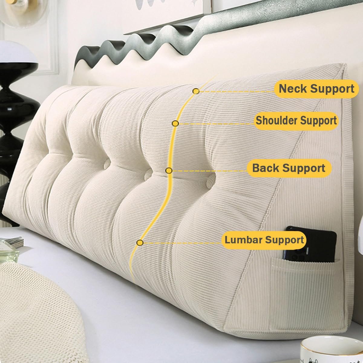 Almohada de cuña de apoyo lumbar para cama y sofá, cojín ergonómico para respaldo de lectura, color marrón claro, 80 x 50 cm, funda extraíble para máxima comodidad y apoyo postural
