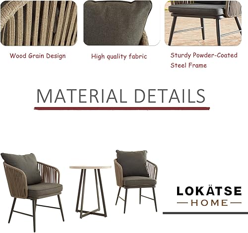 Miniatura 4 de LOKATSE HOME - Juego de 3 piezas de bistró para patio, mimbre, muebles modernos para balcón, incluye 2 sillas con cojines de asiento y respaldo y 1