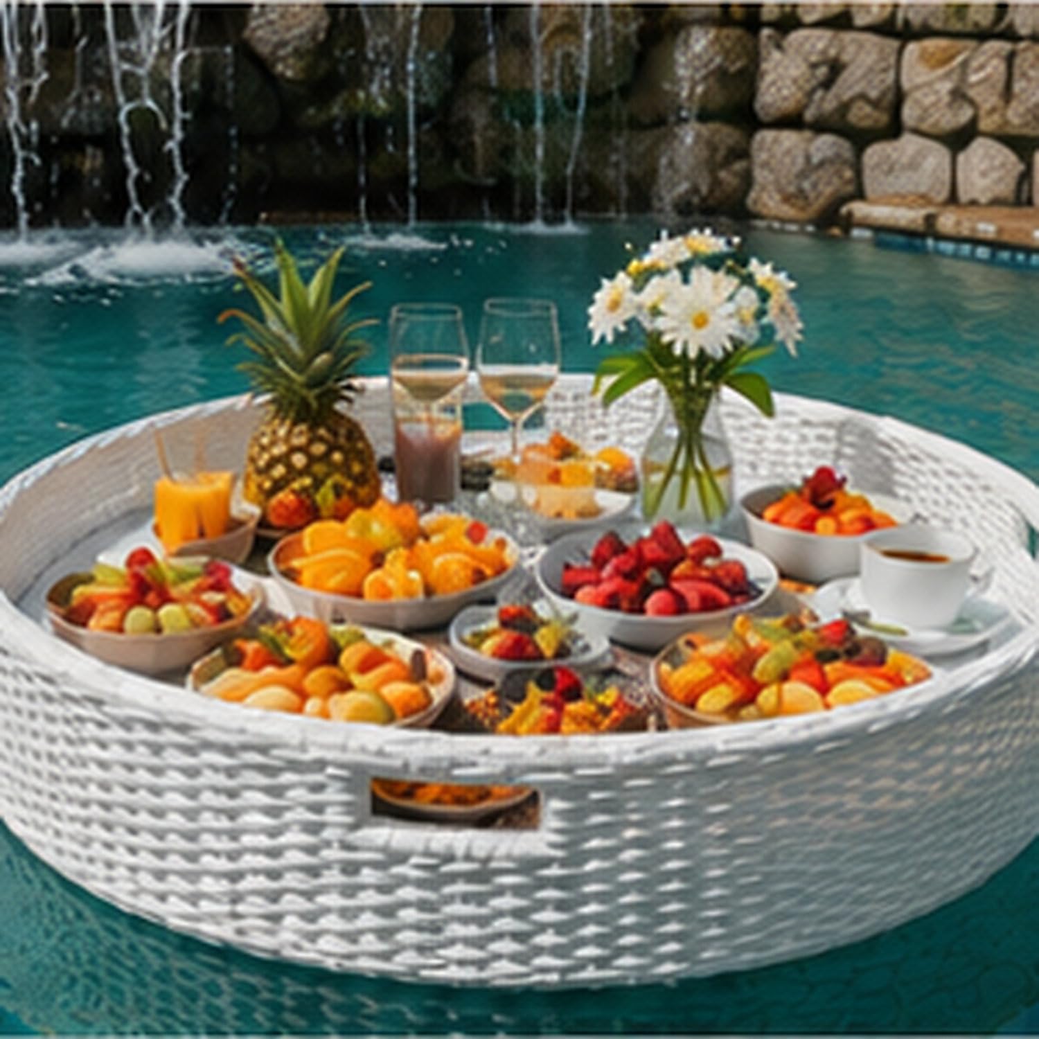 Vassoio Galleggiante in Rattan PE Intrecciato, 60 x 20 cm, 4 Colori RoundWhite | Telaio in Alluminio, Anima in Schiuma, Bordo Rialzato e Due Manici Resistono all’Acqua e si Puliscono Facilmente per la Spa.