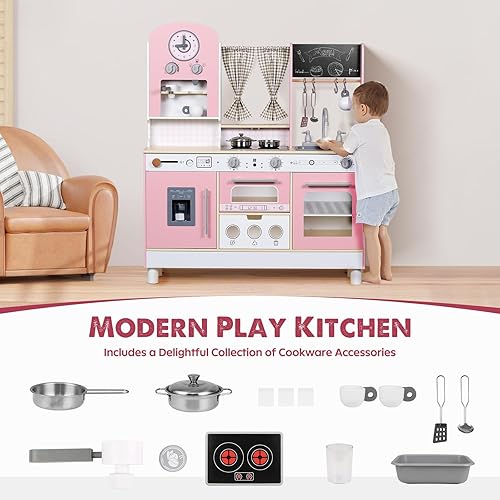 Miniatura 4 de Juego de cocina para niños, cocina de juego de madera, altura ajustable, viene con varios accesorios de cocina, juguete de juego de rol ideal para