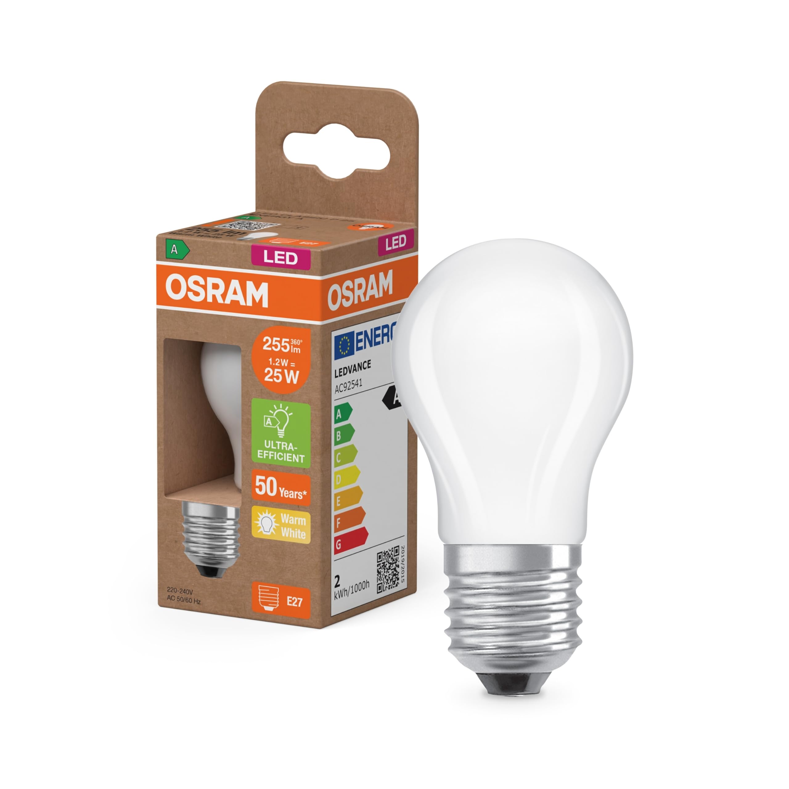 OSRAM in Classic mini Ball Shape, with Decorative LED Filament in Frosted Design, A, E27, 1.2W, 255lm, 2700K, Warm White, no Heating, 100% Light Immediately.