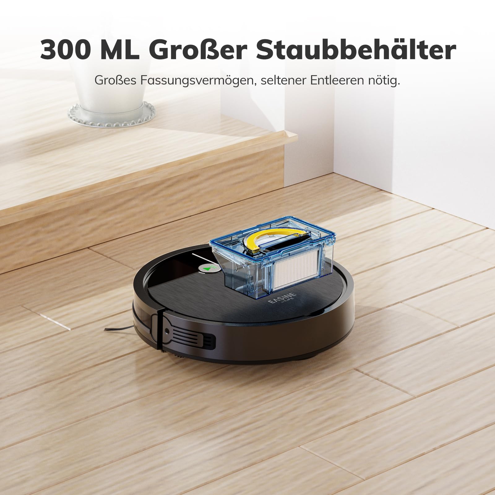 Saugroboter, Bürstenloses Design Staubsauger Roboter, Starkes Saugen, Selbstladend, Fernbedienung, Flach, Geeignet für Tierhaare & Hartböden, E3
