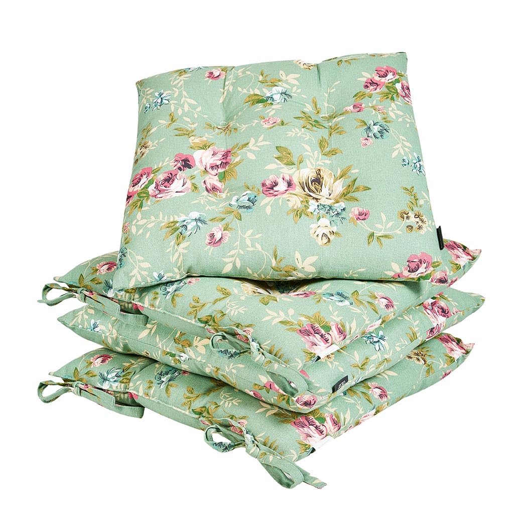 Dining Chair Seat Pad Set of 4 Tie On Floral Print Chair Cushions (Green)