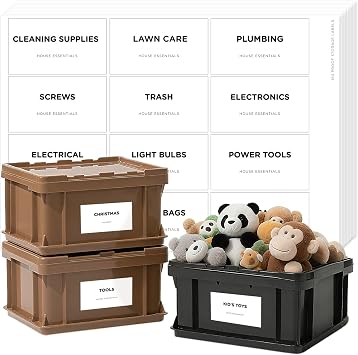 150 Storage Bin Labels Household, v2croft Preprinted Minimalist Stickers for Containers Bins, Boxes, Organization Systems, Home Essentials, Water/Oil Resistants