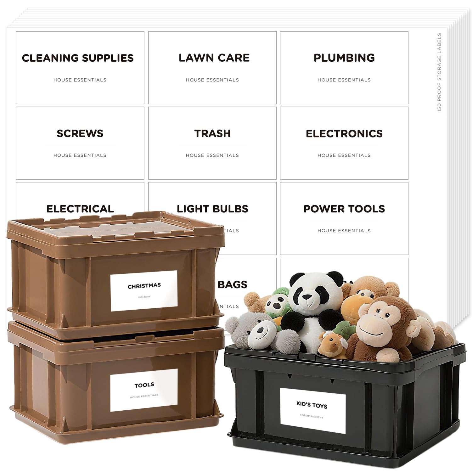 150 Storage Bin Labels Household, v2croft Preprinted Minimalist Stickers for Containers Bins, Boxes, Organization Systems, Home Essentials, Water/Oil Resistants