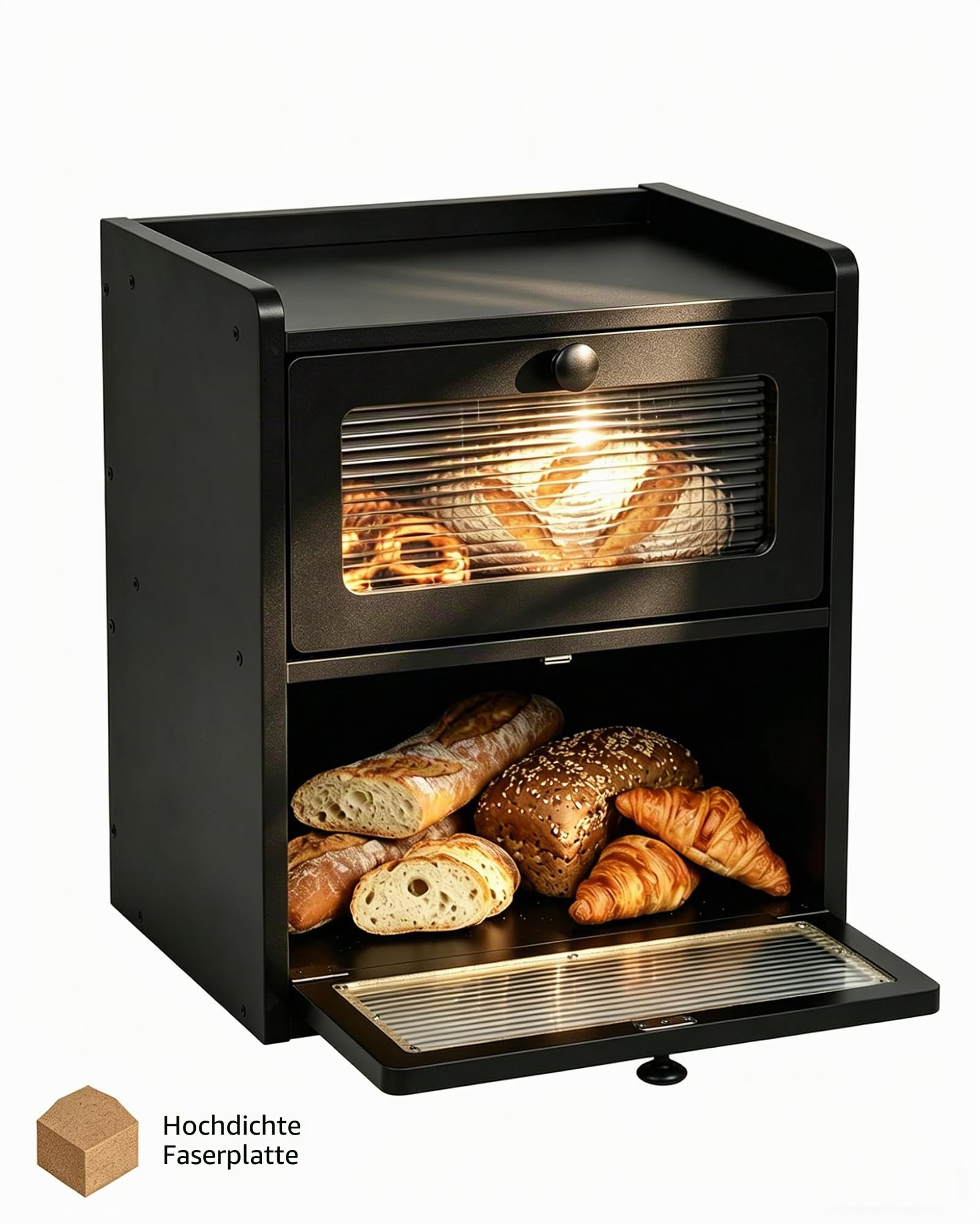 Brotkasten Schwarz 2 Etagen, Brotbox mit Acrylfenster, 36,5 x 23,7 x 34 cm
