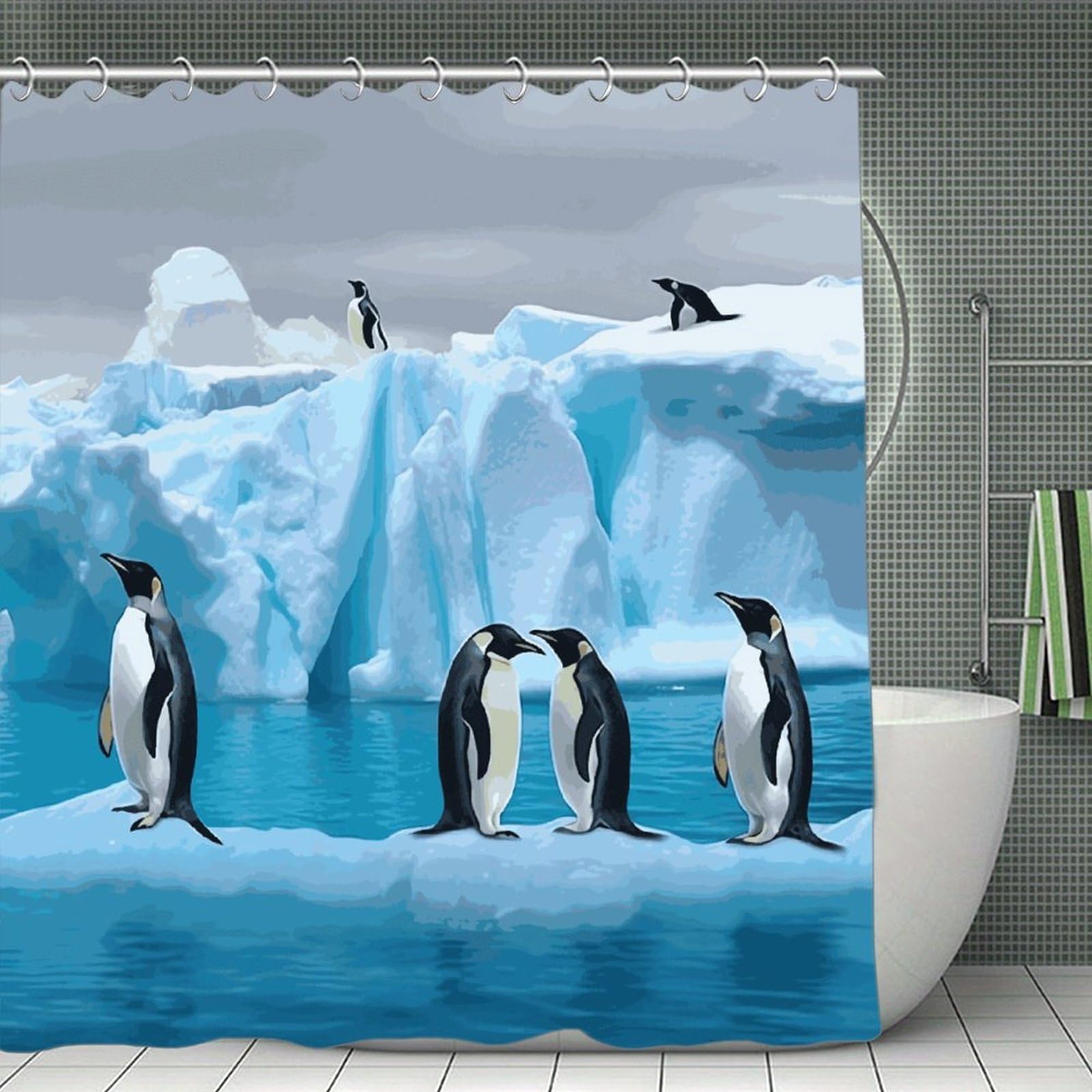 FekiLoot Penguins On The Iceberg Shower Curtain Minimalist Thick Bathroom Curtain Washable Modern Bathroom Shower Curtain Heavy Duty Waterproof Cloth Bath Curtain with Hooks 70.8"x70.8"