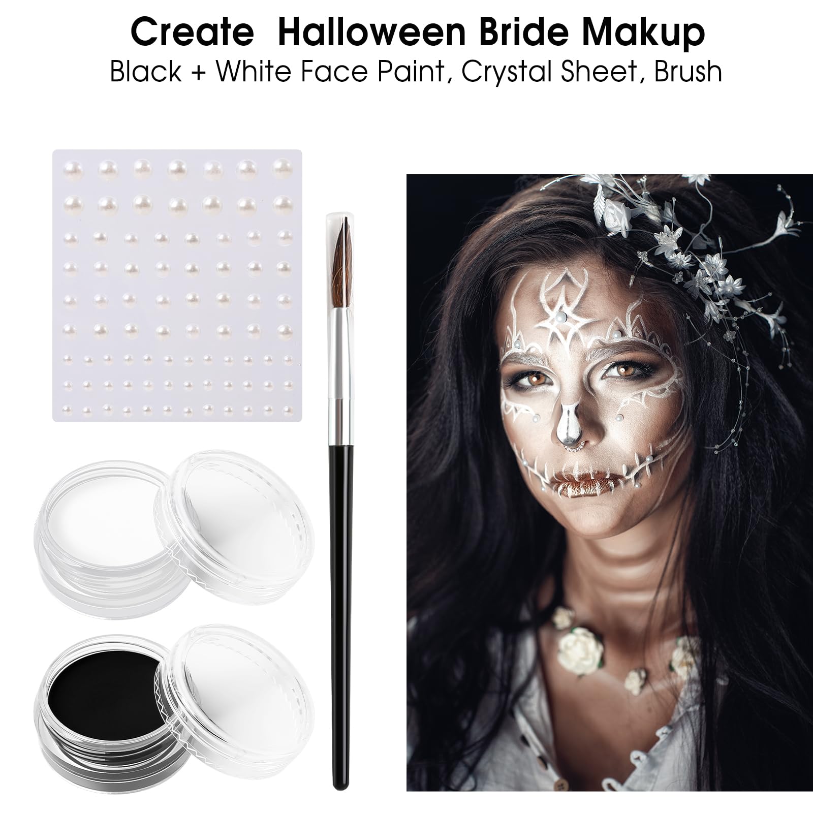 Kit de pintura facial en blanco y negro, kit de maquillaje de Halloween incluye pintura, pincel, accesorios de disfraz, hoja de cristal para maquillaje de esqueleto SFX 2