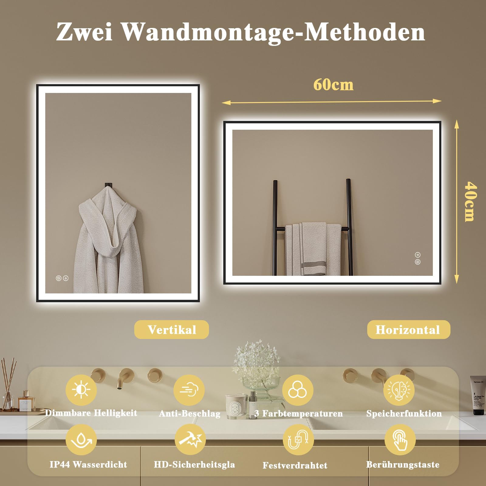 Badspiegel-mit-Beleuchtung 40x60 - Badezimmerspiegel LED Badezimmer Spiegel mit Beleuchtung - Beschlagfrei, Dimmbar, 3 Lichtfarben, Wandspiegel Led-Spiegel-Bad Schwarz Metallrahmen Horizontal/Vertikal