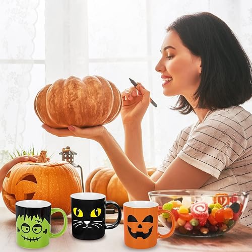 Miniatura 5 de Whaline Juego de 4 tazas de Halloween de 12 onzas con diseño de calabaza, gato, monstruo, fantasma, tazas de cerámica a juego para el hogar,