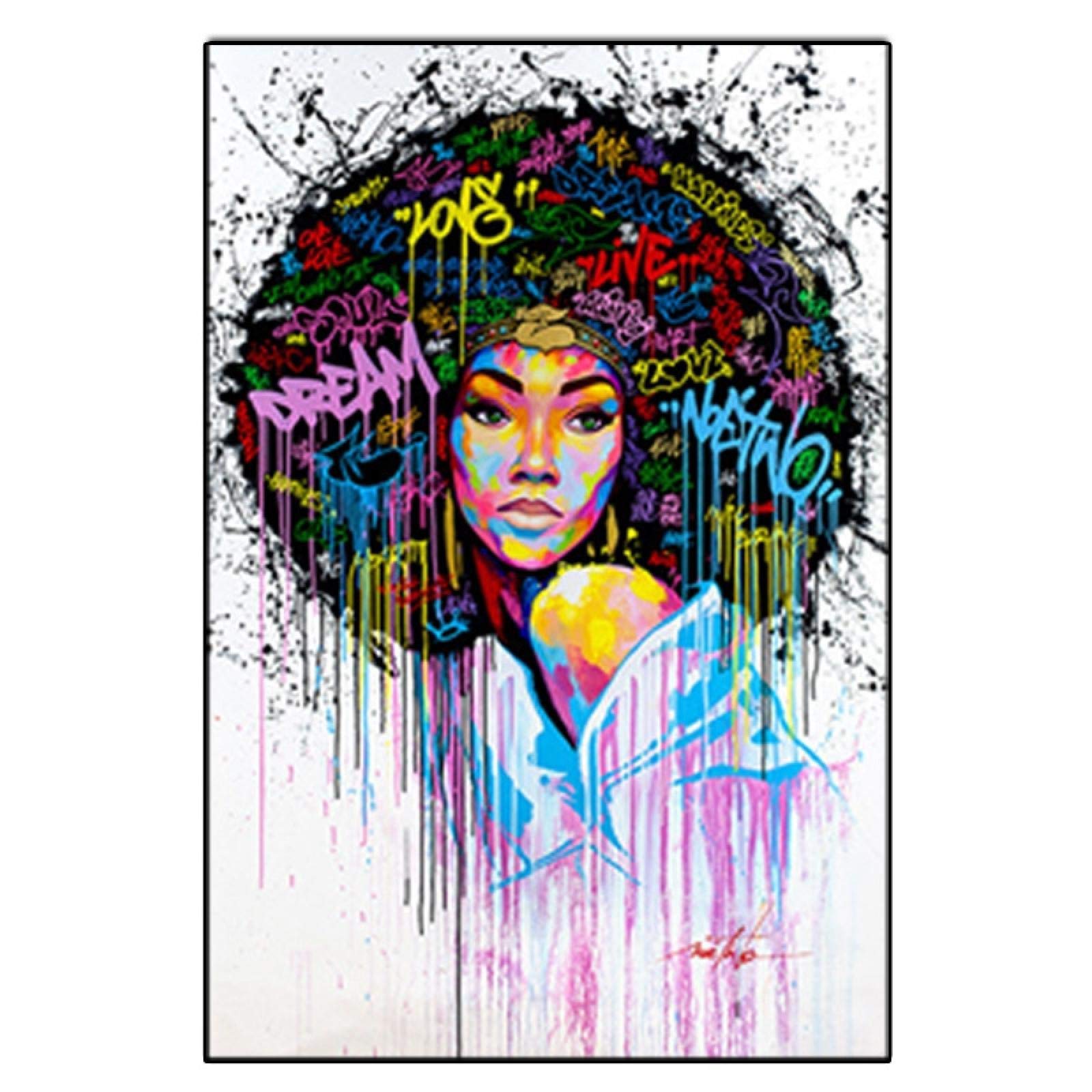 Póster abstracto Mujeres africanas Arte de la pared Imagen Pintura al óleo sobre lienzo Graffiti Street para sala de estar Dormitorio Cuadros 90x130cm (35.43x51.18in) Con marco