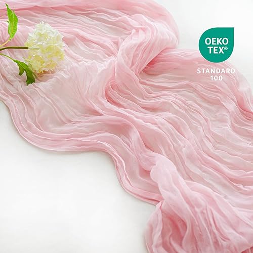 Miniatura 2 de Sioloc Camino de mesa de estopilla rosa claro de 120 x 35 pulgadas, gasa suave, bohemio, decoración de mesa de San Valentín para mesa de 10 pies,