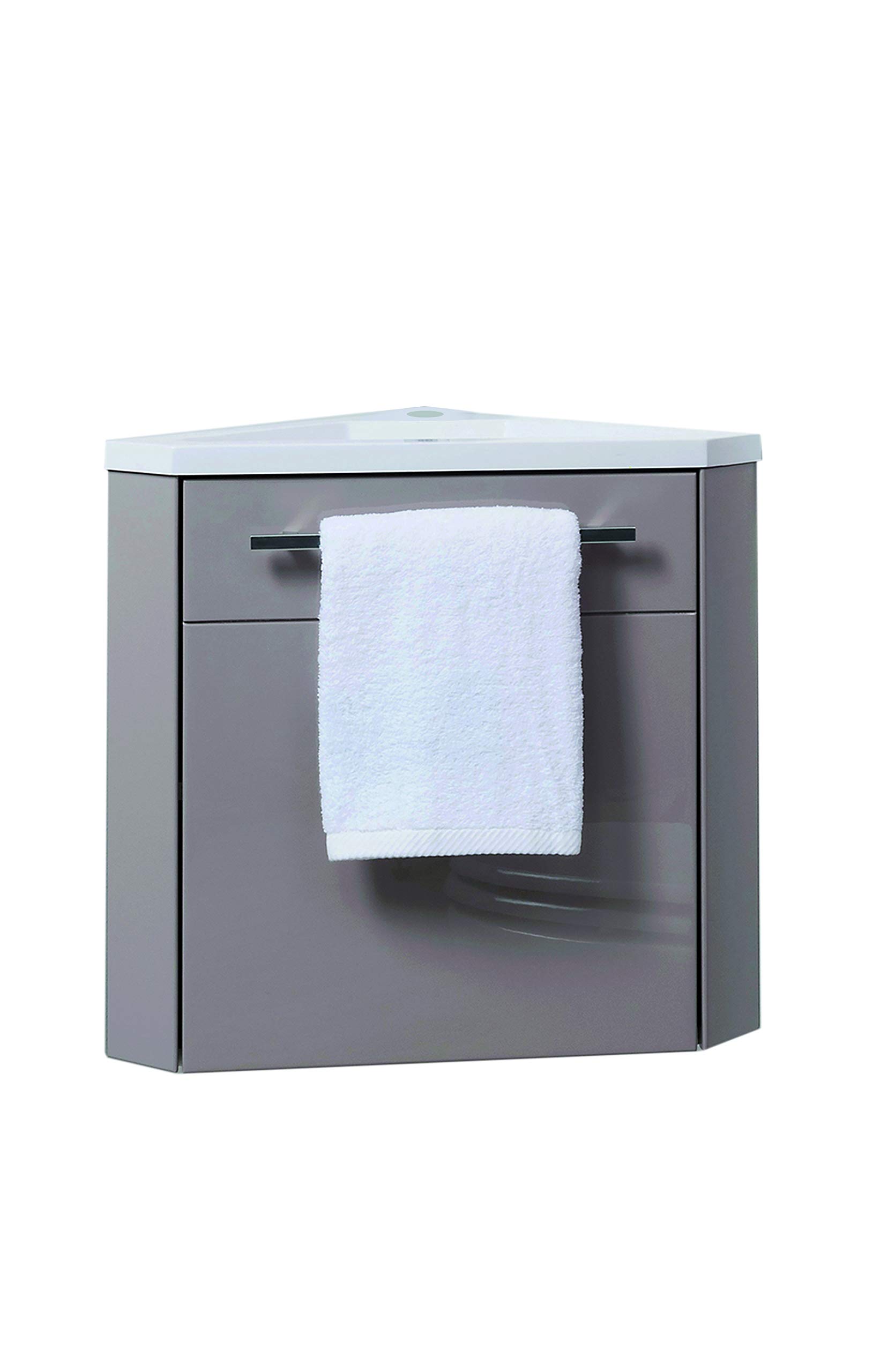 Mueble de lavabo suspendido colección NINO - mueble de esquina compacto - varias opciones de color. Encimera de resina extra plana sin rebosadero - 1 puerta - cierre suave - Ancho 53cm - lacado topo