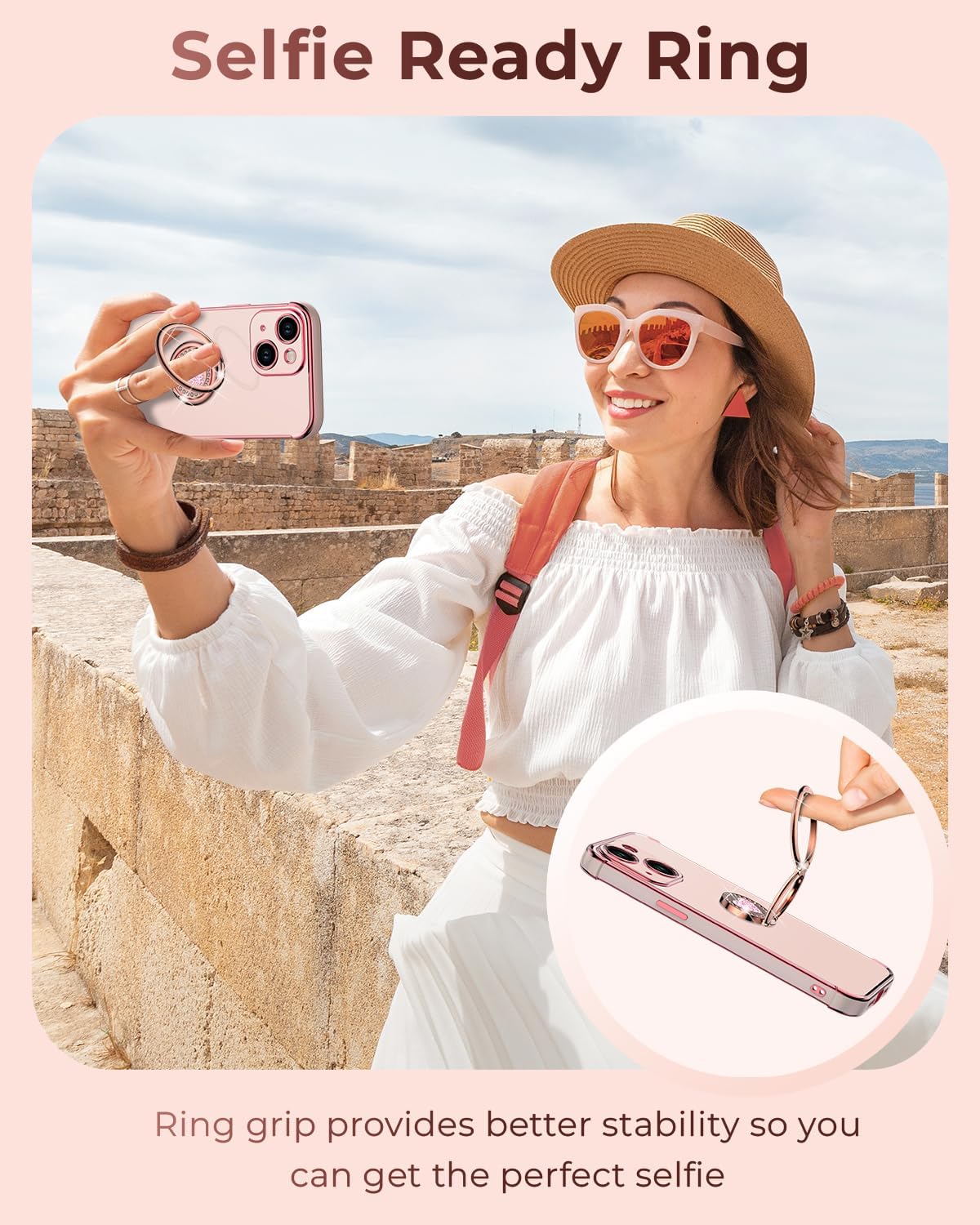 XYZ for iPhone 14 Case with Stand, Phone Case with Double Ring Kickstand, Women Girls Bling Luxury Protective Case Heart for iPhone 14, Pink - Image 3