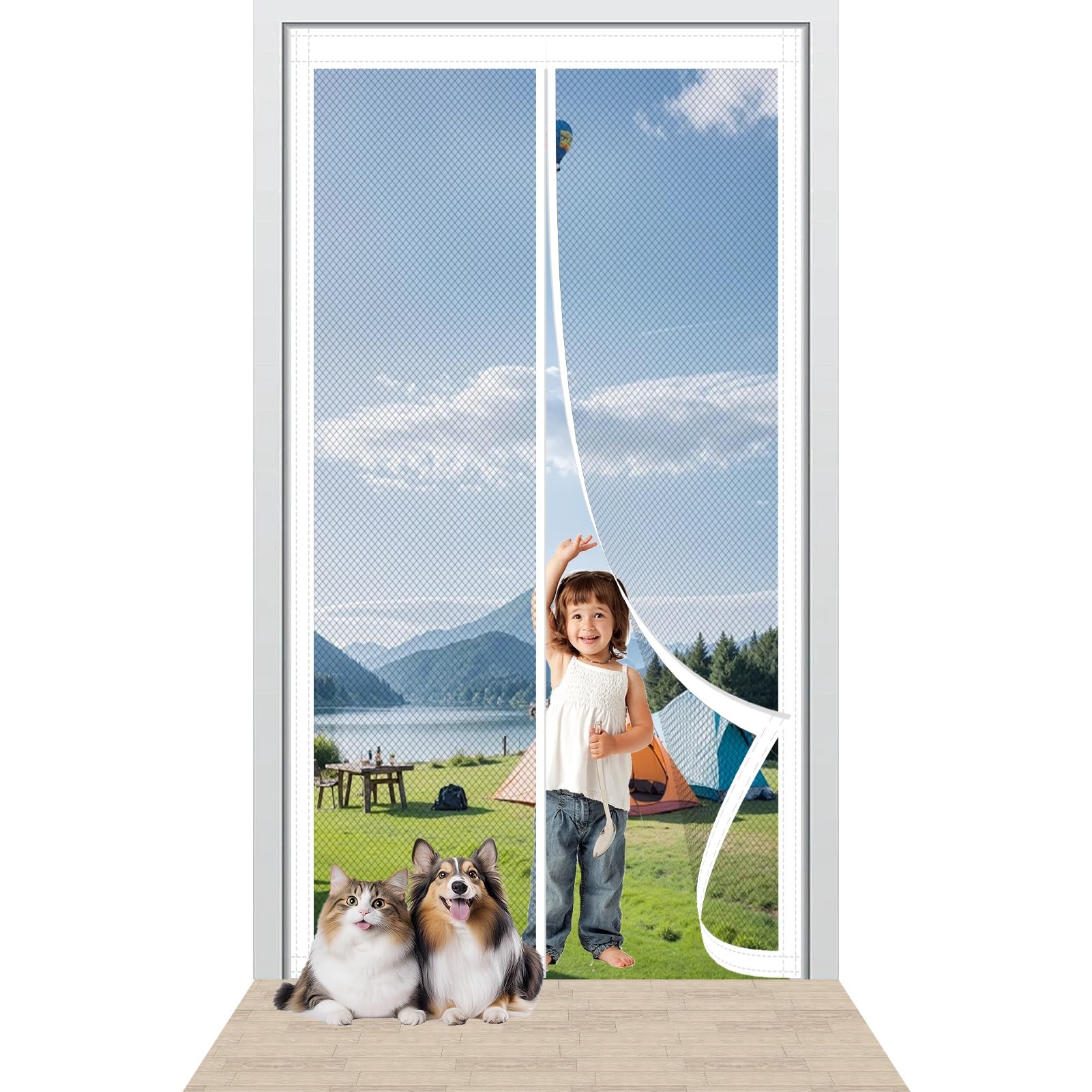 Fly Nets for Doors 148 x 206 cm Easy to Install Without Drilling Magnetic Screen Door with Powerful Magnets/Full Frame Magic Tape for Home Office Balcony Patio Garden, White
