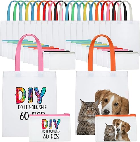 Sweetude 60 bolsas de lona en blanco reutilizables para comestibles, bolsas de compras de transferencia de calor, bolsas de maquillaje cosmético,