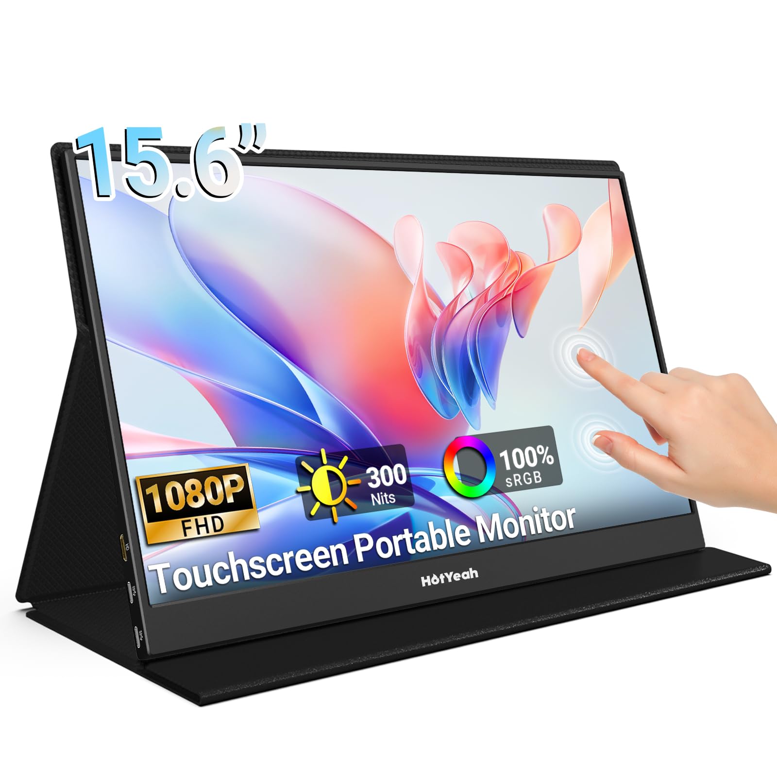 HotYeah Touch Screen Monitor, 15.6'' 1080P 10-Point Portable Touchscreen Display USB-C HDMI IPS HDR Travel Screen with Speaker & Smart Cover, 2nd External Monitor for Laptop PC Phone Tablet
