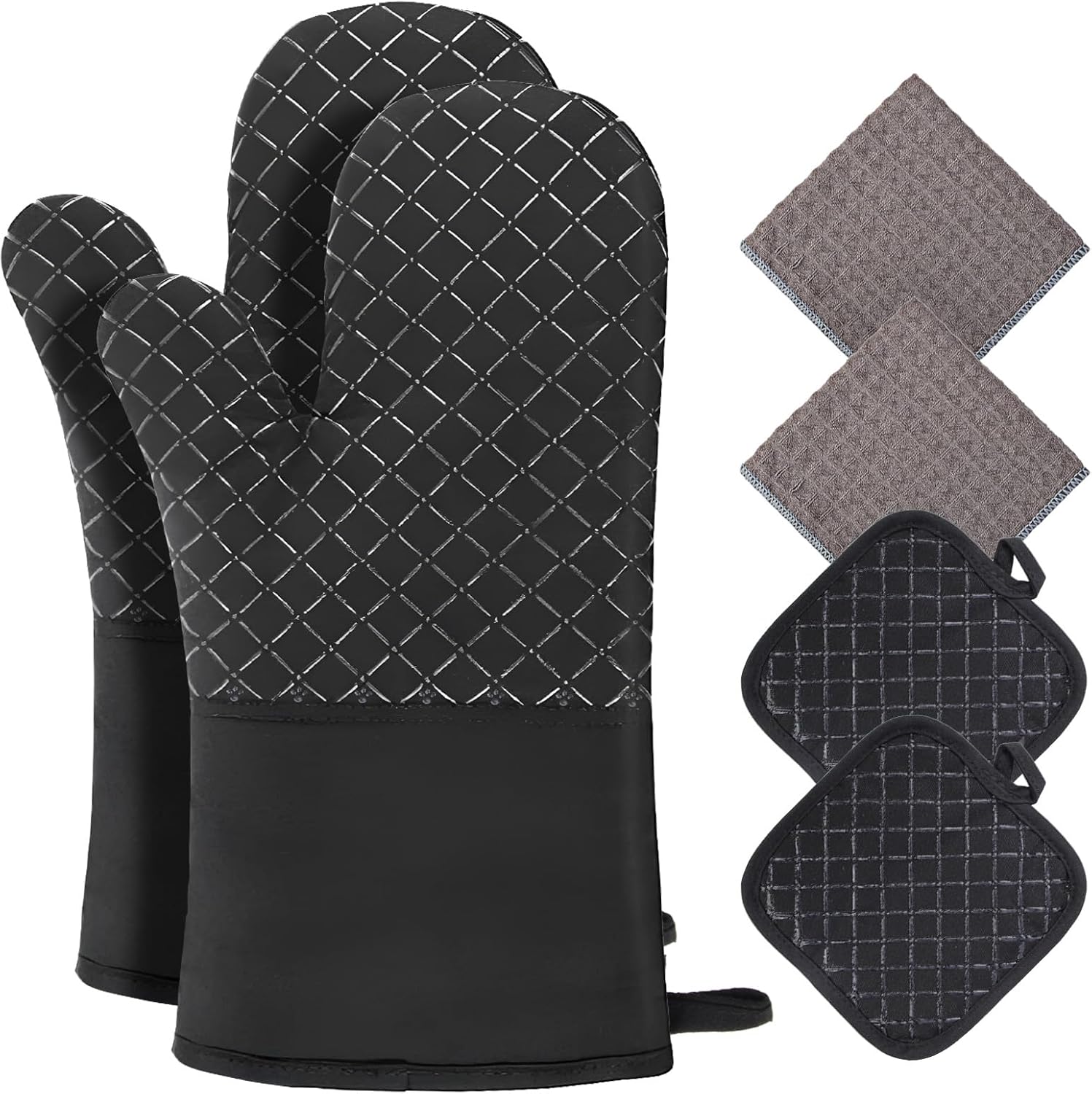 Philorn Oven Mitts and Pot Holders 6pcs, Kitchen Oven Glove High Heat Resistant 500℉ Extra Long Oven Mitts and Potholder with Non-Slip Silicone Surface for Baking, Cooking, BBQ (Black)