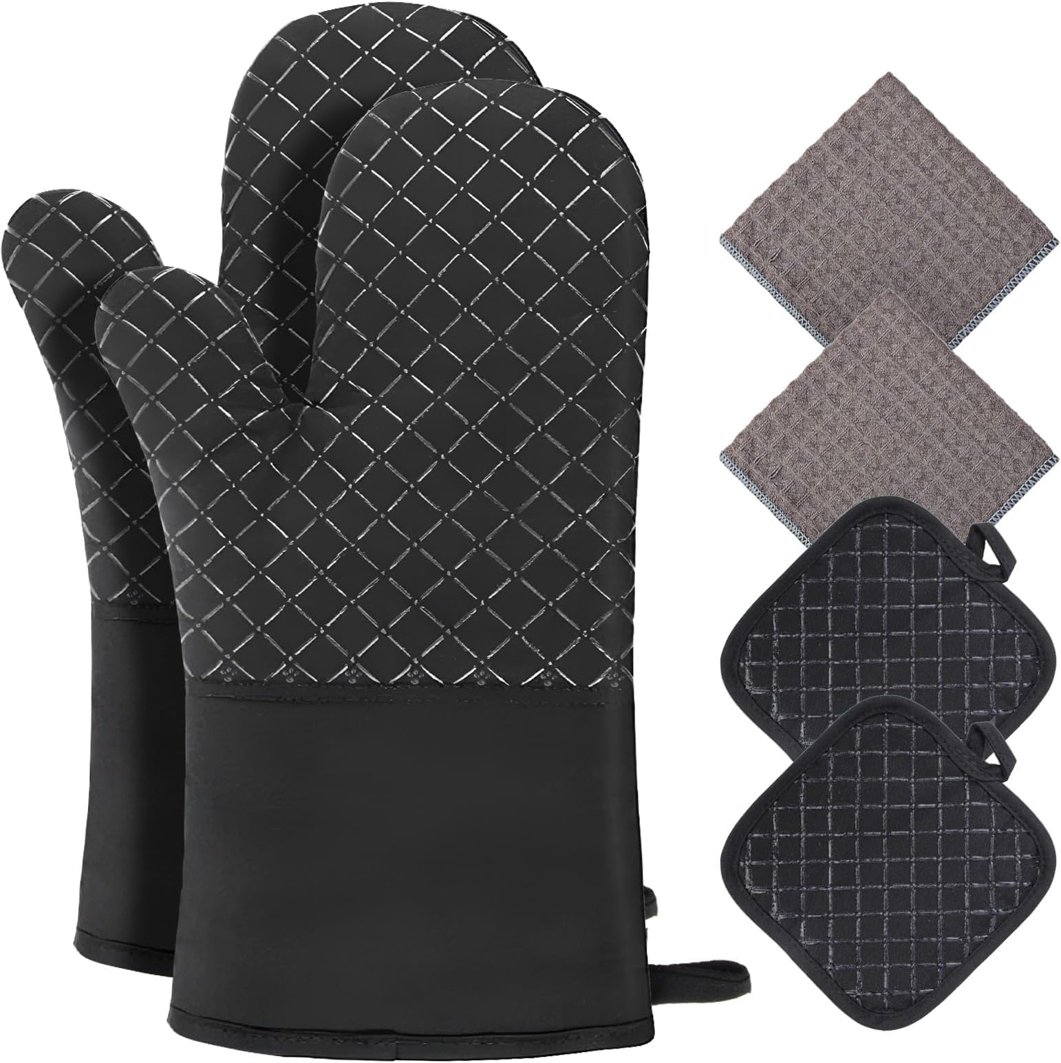 Philorn Oven Mitts and Pot Holders 6pcs, Kitchen Oven Glove High Heat Resistant 500℉ Extra Long Oven Mitts and Potholder with Non-Slip Silicone Surface for Baking, Cooking, BBQ (Black)