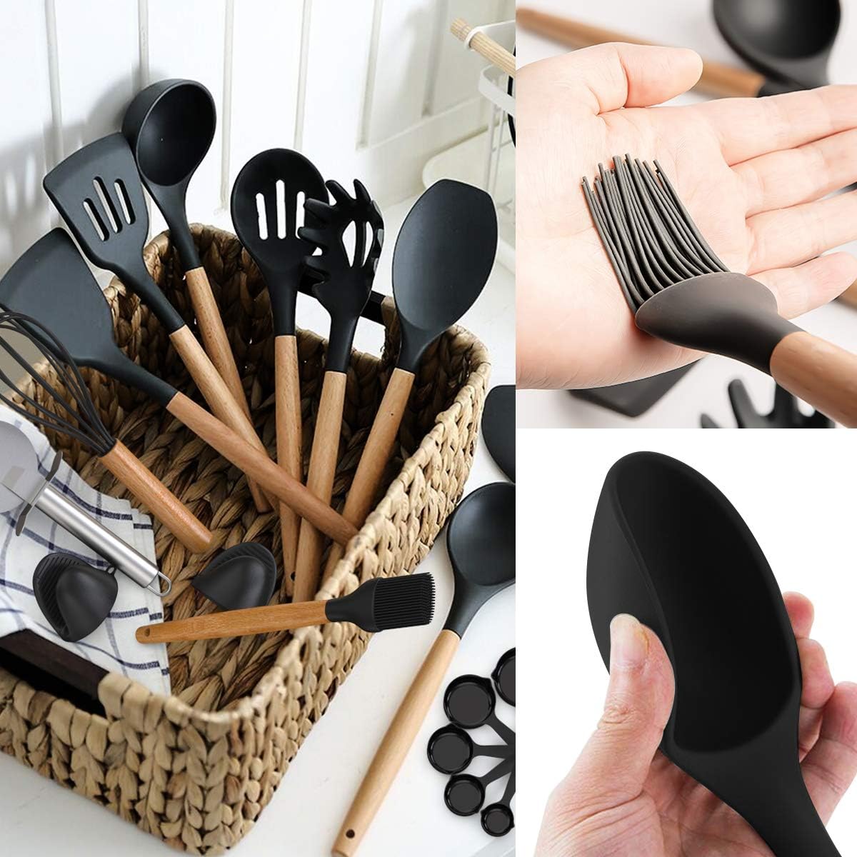 Silicone Kitchen Cooking Utensil Set, Fungun 26 Pcs Kitchen Utensils Spatula Set with Utensil Holder for Nonstick Cookware, BPA Free Non Toxic Cooking Utensils, Kitchen Tools Gift (Black ) : Home & Kitchen