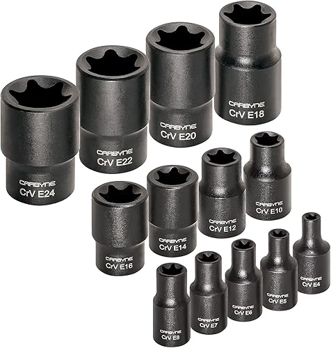 Miniatura 7 de CARBYNE Juego de llaves Torx externas (eTorx, hembra Torx) - 13 piezas, E4 a E24  Acero al cromo vanadio, 14, 38 y 12 pulgadas  De una empresa de