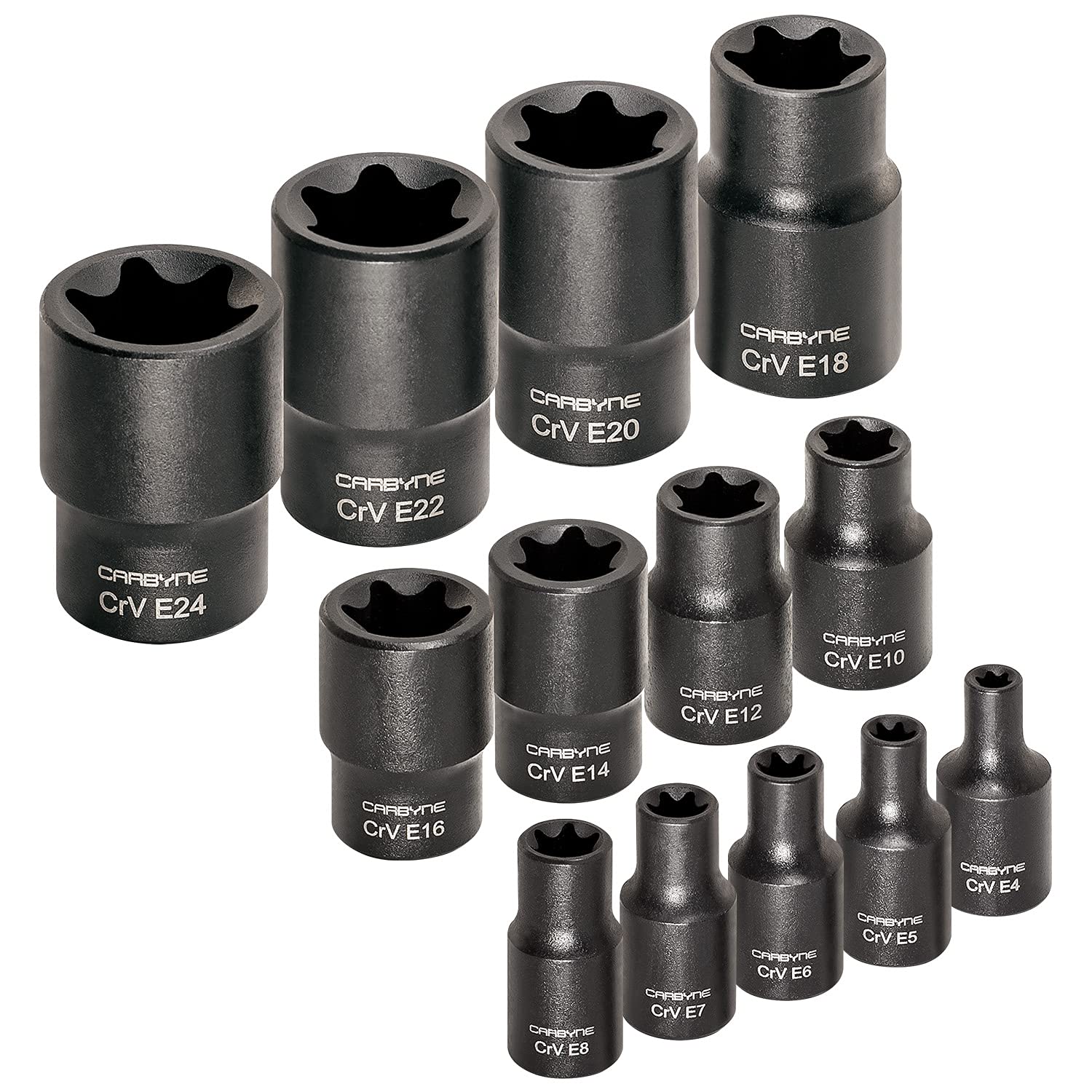 CARBYNE Juego de llaves Torx externas de 13 unidades, E4 a E24 | Acero cromo vanadio, 1/4", 3/8" y 1/2"