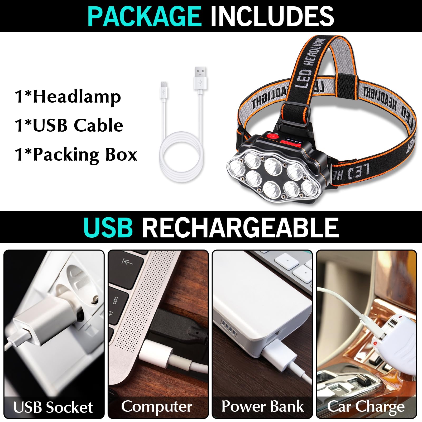 DAWINSIE Torcia Frontale LED USB Ricaricabile, Lampade da Testa con 8 LED 4 Modalità, IPX20 Impermeabile, per Campeggio, Corsa, Jogging, Pesca