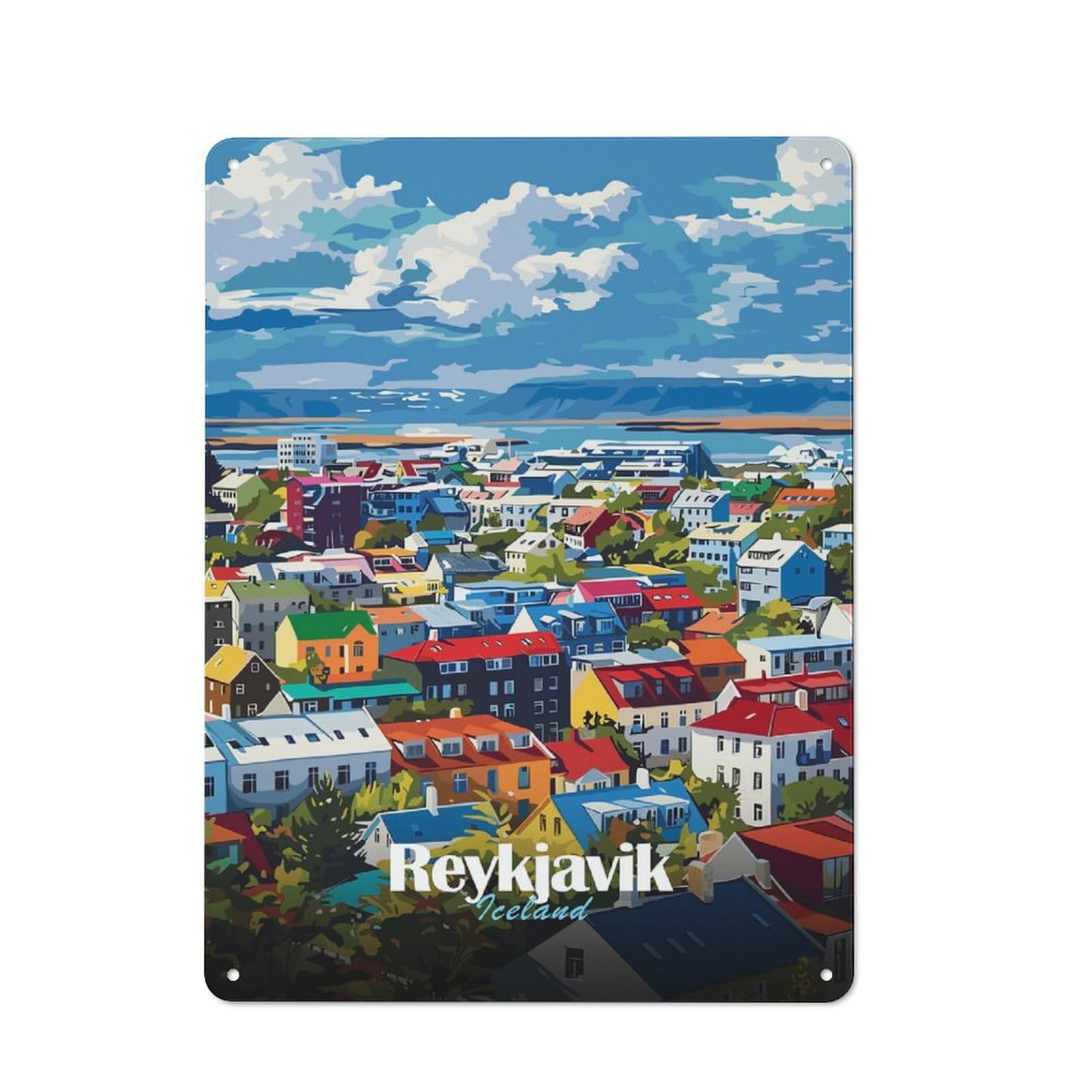 Junmoney Style-1 Simple Retro Reykjavik, Iceland Cityscape Art Metal Desk Wall Sign 40X30cm, Studio Wall Plaque For Workspace, Cafe, Shop Or Desk Area