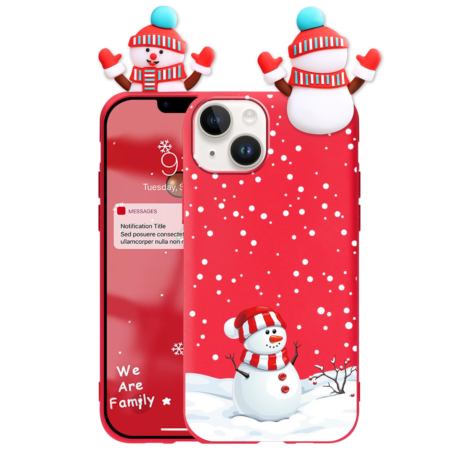 Yomjew Christmas Case for iPhone 13 / iPhone 14 [6.1"], Cover with Cute 3D Snowman Doll Pattern Design, Xmas Red Shockproof Soft Slim TPU Silicone