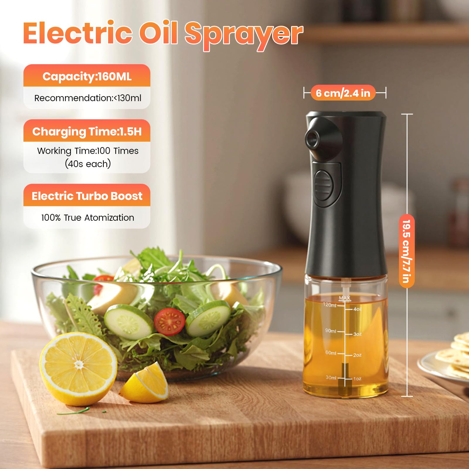 Pulverizador de aceite eléctrico para cocinar, rociador de aceite de oliva de vidrio recargable, botella de pulverización continua de niebla fina a pilas para freidora de aire, ensalada