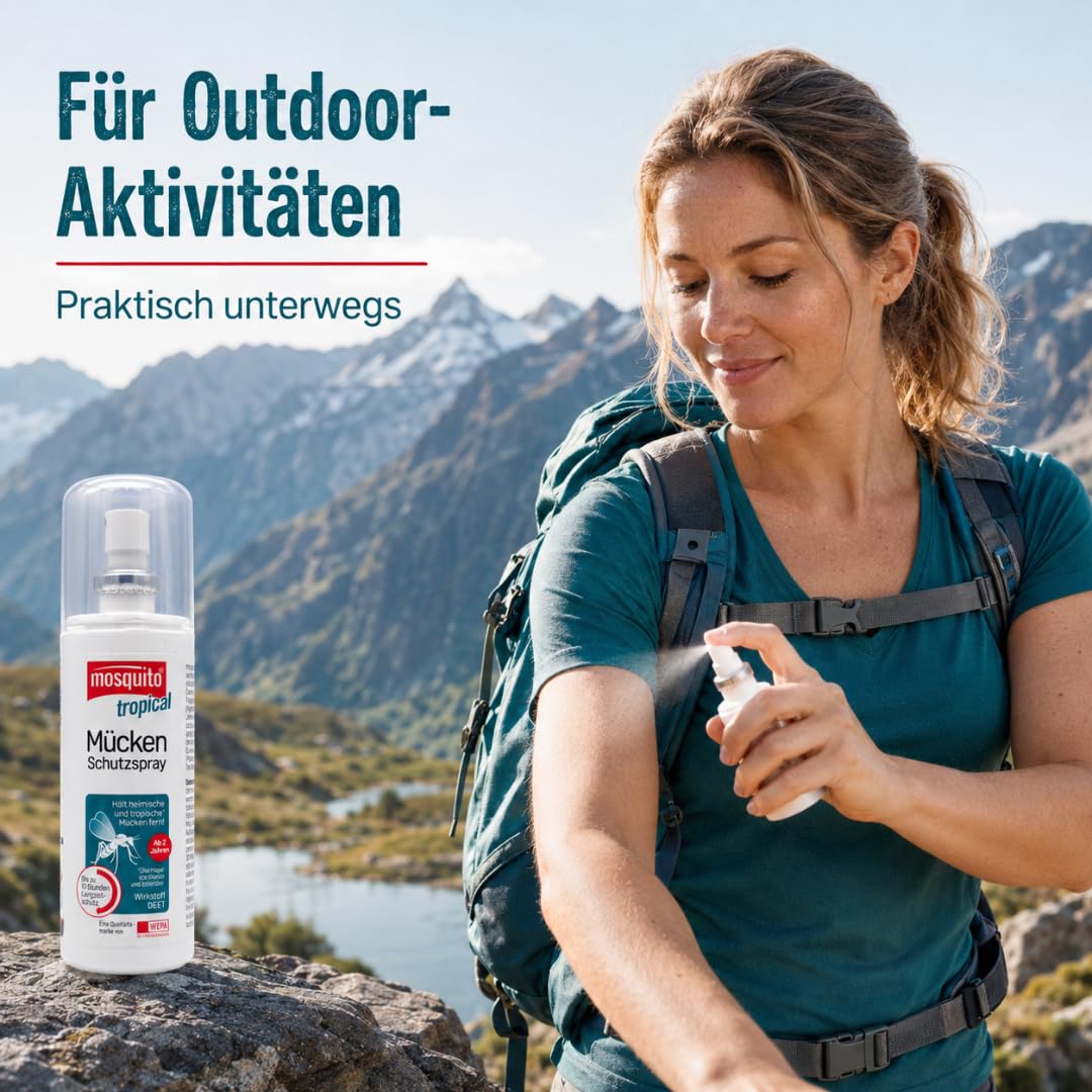 Mosquito tropical Mücken-Schutzspray 100 ml I Insektenschutz mit 50% DEET I für Reise & Outdoor I bis zu 10 h Schutz I für tropische & subtropische Regionen I mit Pharma Perle Duschgel (3, 100ml)