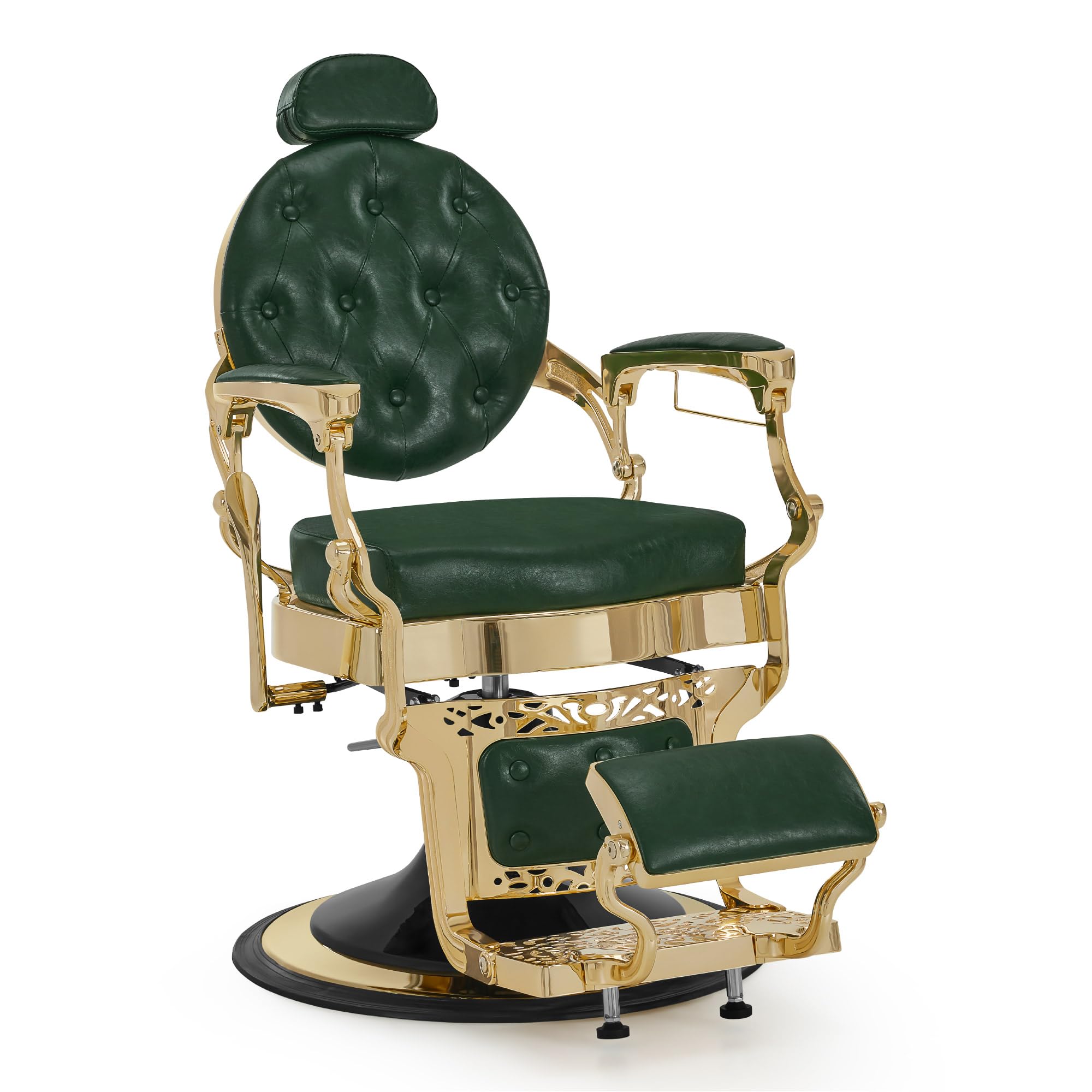 Barberpub Friseurstuhl mit Kopfstütze Kippbar, Friseureinrichtung mit Hydraulikpumpe 360° Drehbar, Höhenverstellbarer Bedienungsstuhl mit Vintage Stil, Barber Stuhl Kunstleder, 2933-F (Gold-Grün)