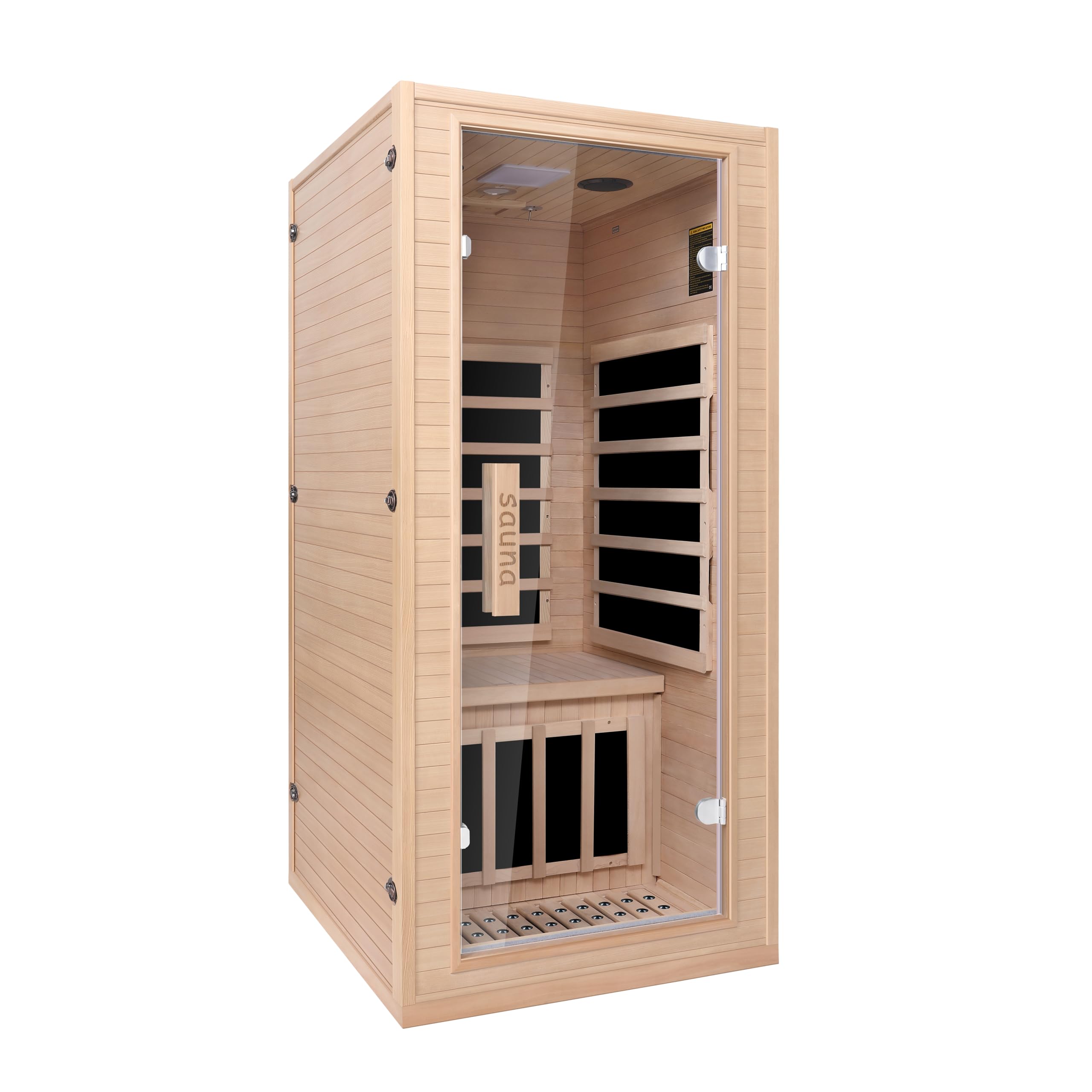 1-Personen Ferninfrarot-Sauna | 1350W mit Niederfeld-Technologie | 6 Infrarotstrahler & LED-Lichttherapie | Heimsauna aus Hemlockholz mit Bluetooth & einfacher Montage