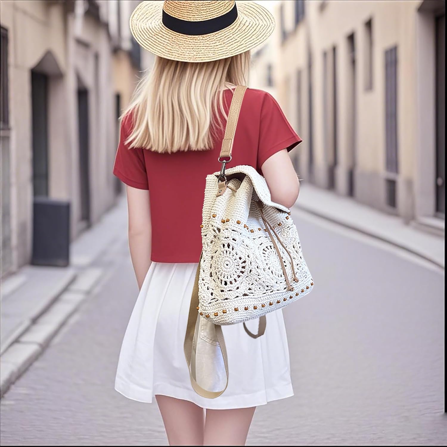 Eiyye Handmade Crochet Backpack for Women Premium Cotton Rope Boho Rucksack with Adjustable Straps Lightweight Woven Shoulder Backpack for Travel Beach & Everyday Casual - Image 4