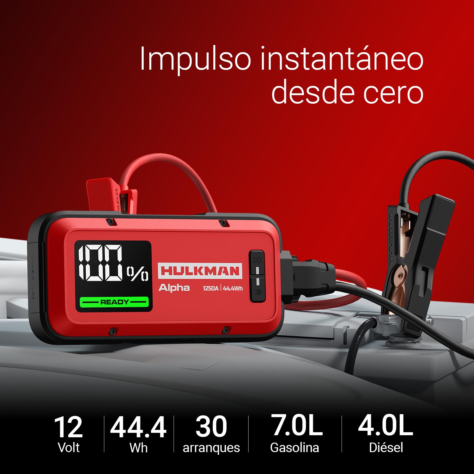 HULKMAN Alpha Ultra Red, Arrancador de Batería Portátil 1250A 44.4Wh,Caja de Arranque 12V para Coches Modernos con Cables, para Motores Gasolina 7.0L / Diésel 4.0L,Carga Rápida 65W, Clasificación IP65