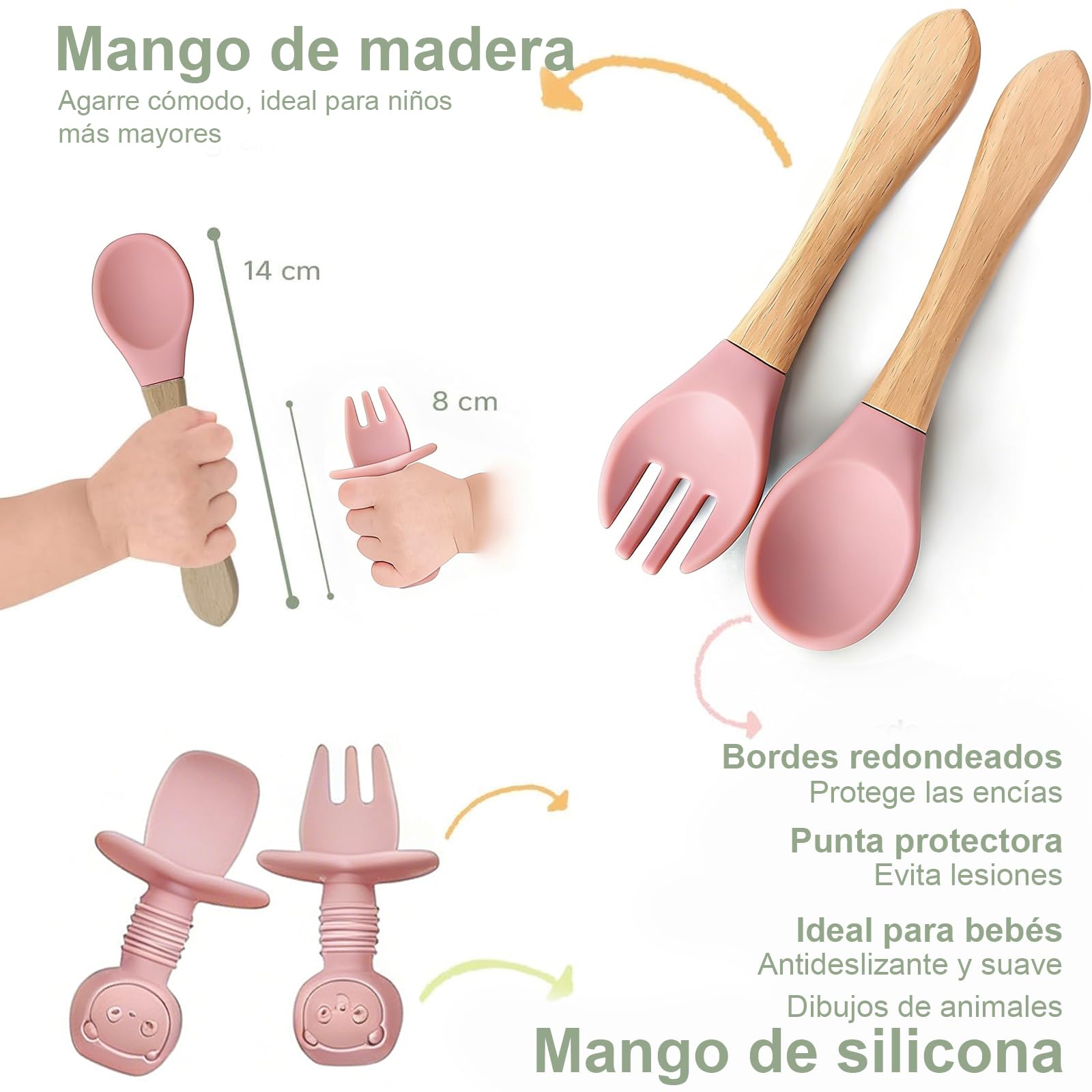 Juego de vajilla infantil de silicona, 8 piezas (plato de bebé con ventosa, cuchara, tenedor, cuenco, babero, vaso), sin BPA, lavavajillas y microondas, azul (rosa)