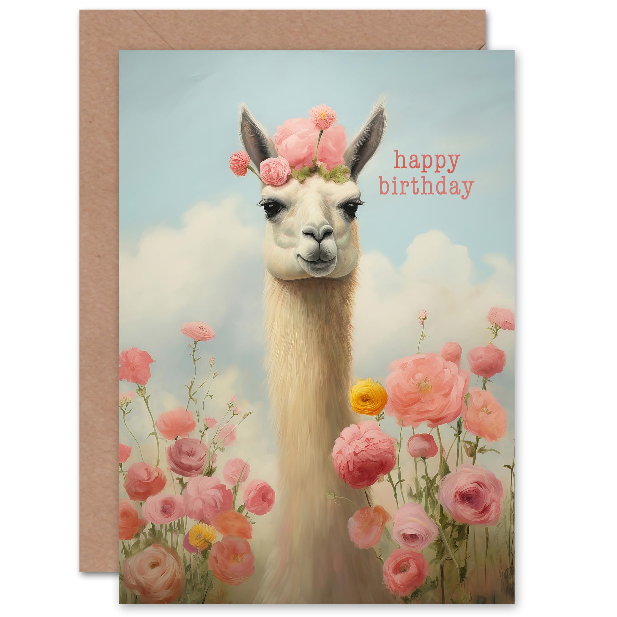 Artery8 Happy Birthday Llama and Peonies Flowers Teen For Her Mum Daughter Wife Sister Blank Inside Greeting Card