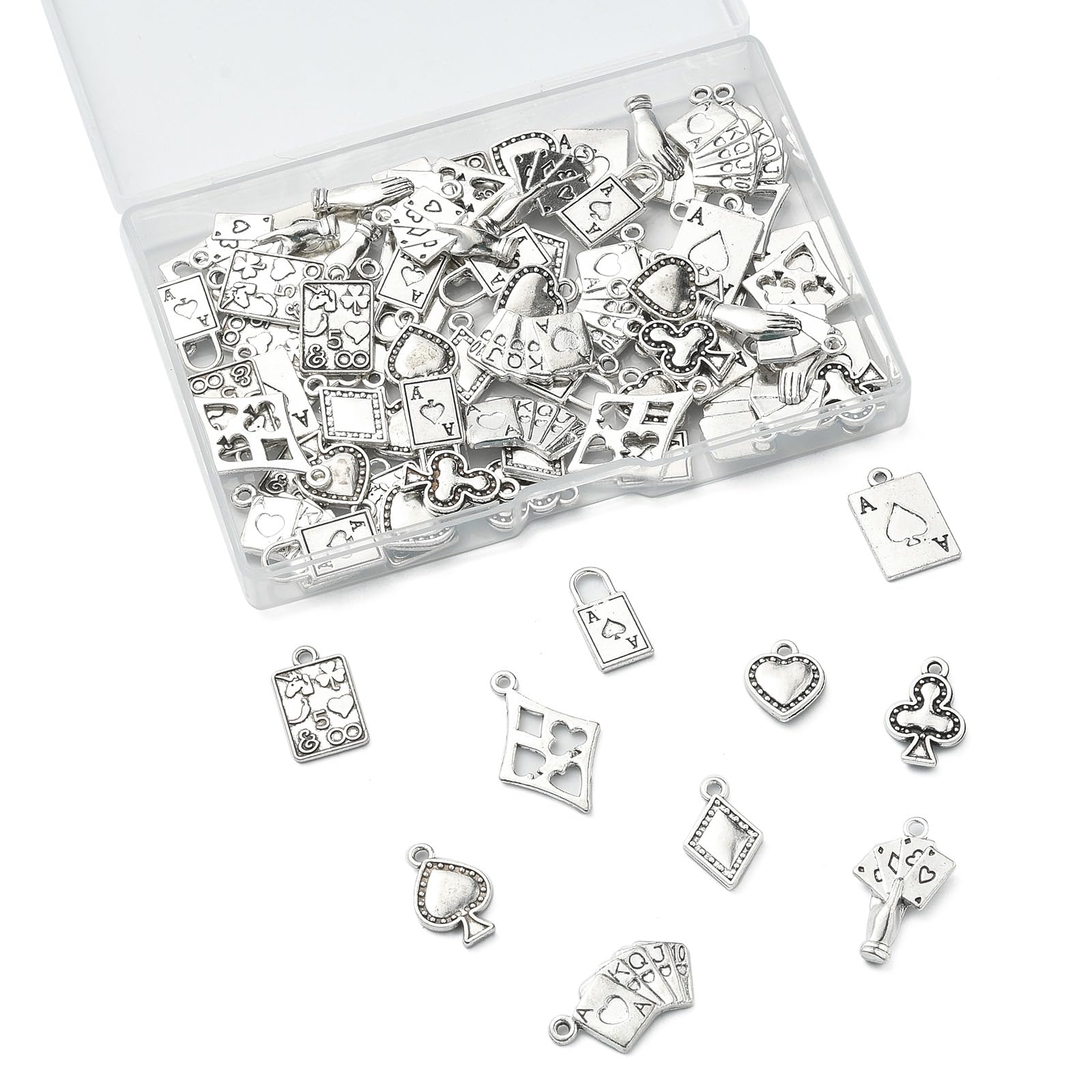Ornazy 100 pcs 10 Styles Tibetan Poker Charms Antique Silver Heart Rectangle Pendants Vintage Playing Card Charms for Jewellery Making - Image 3