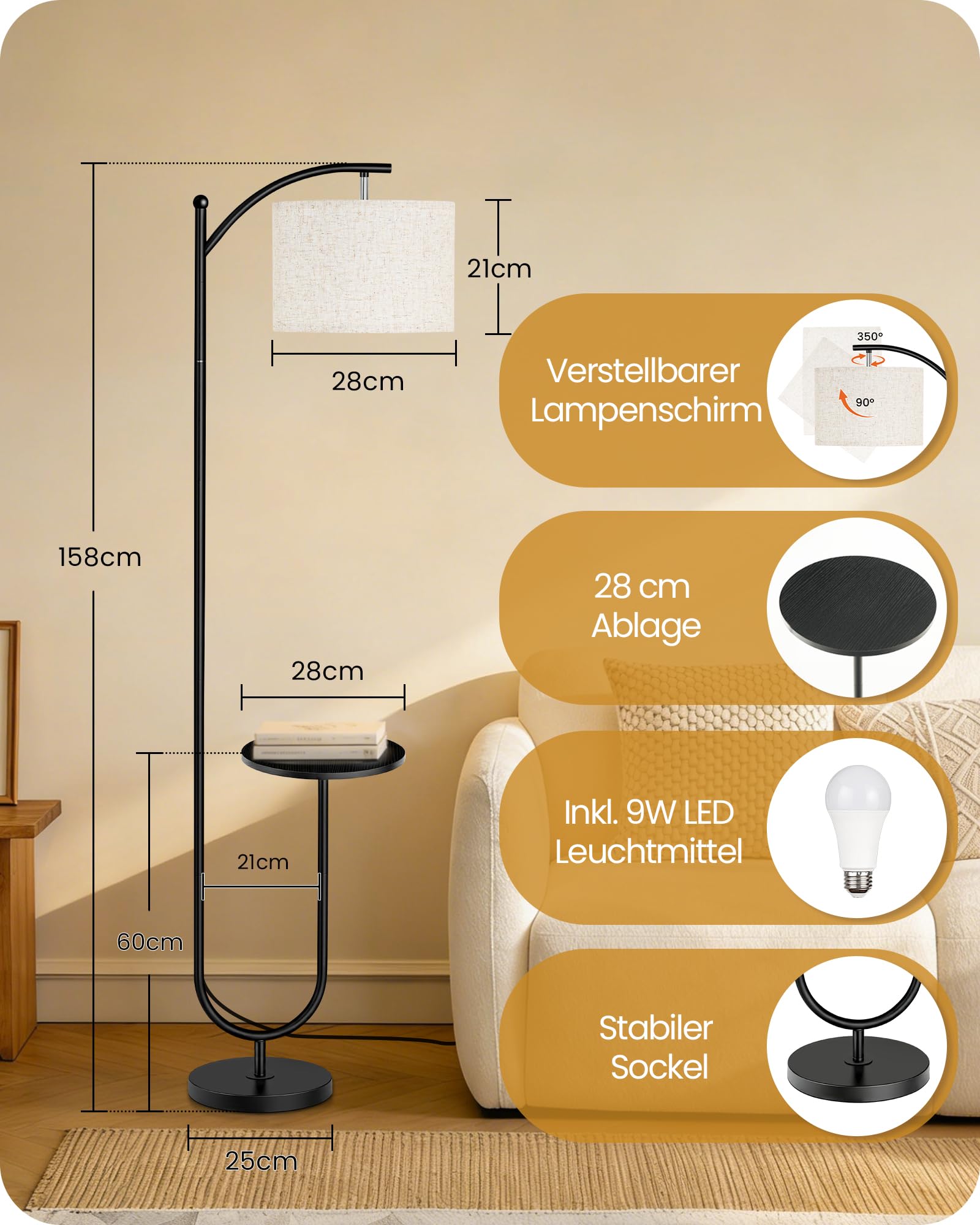 Stehlampe mit Tisch, Schwarz und Beige | 3 Farbtemperaturen, Speicherfunktion, Verstellbarer Lampenkopf, Fußschalter, Mit Regal