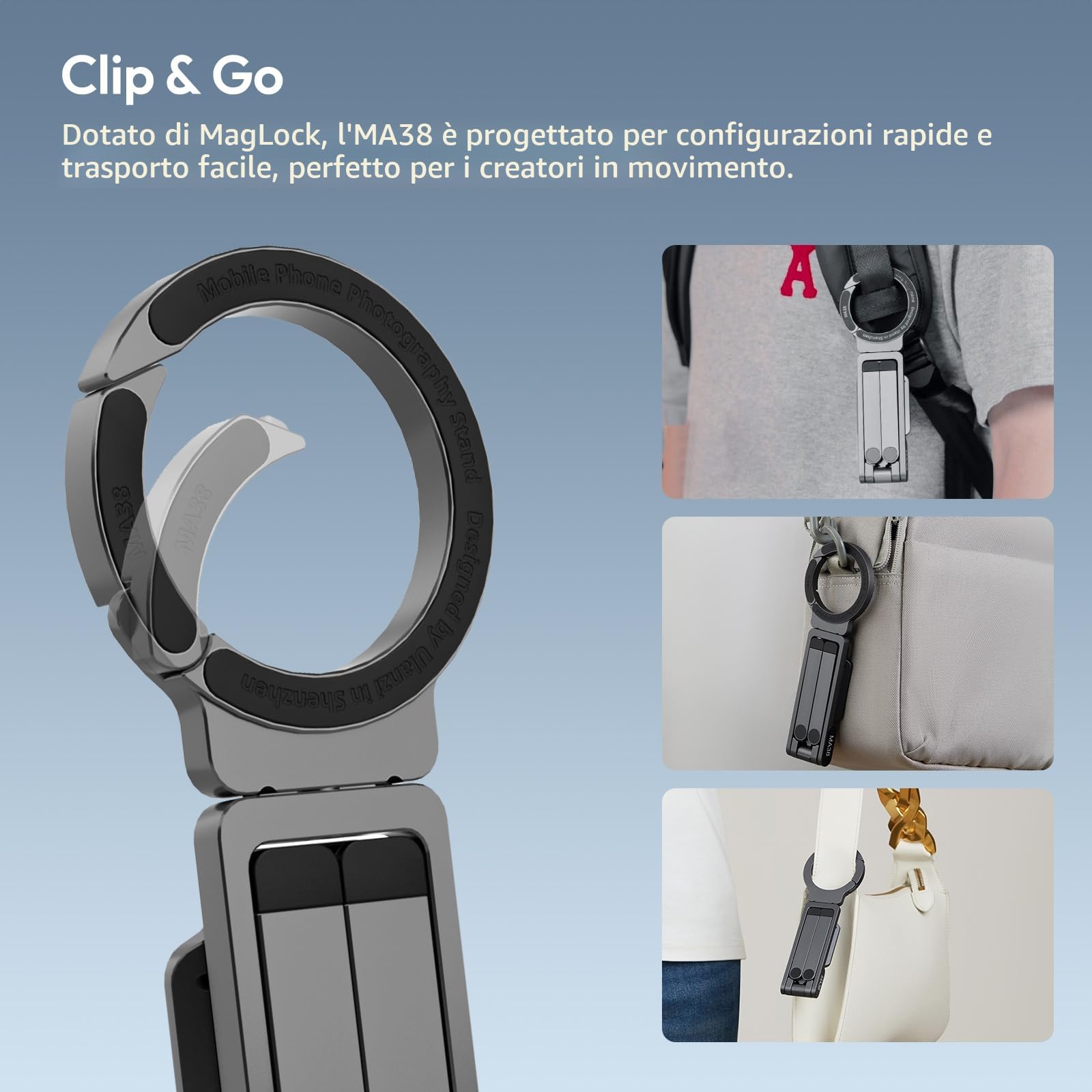 ULANZI MA38 Supporto Magnetico 5-in-1 per iOS,108 g, Addattore cellurare con magnete >14 N, Arca-Swiss, Mini treppiede in alluminio con gancio nascosto, angolo 180°,Carico massimo 450 g